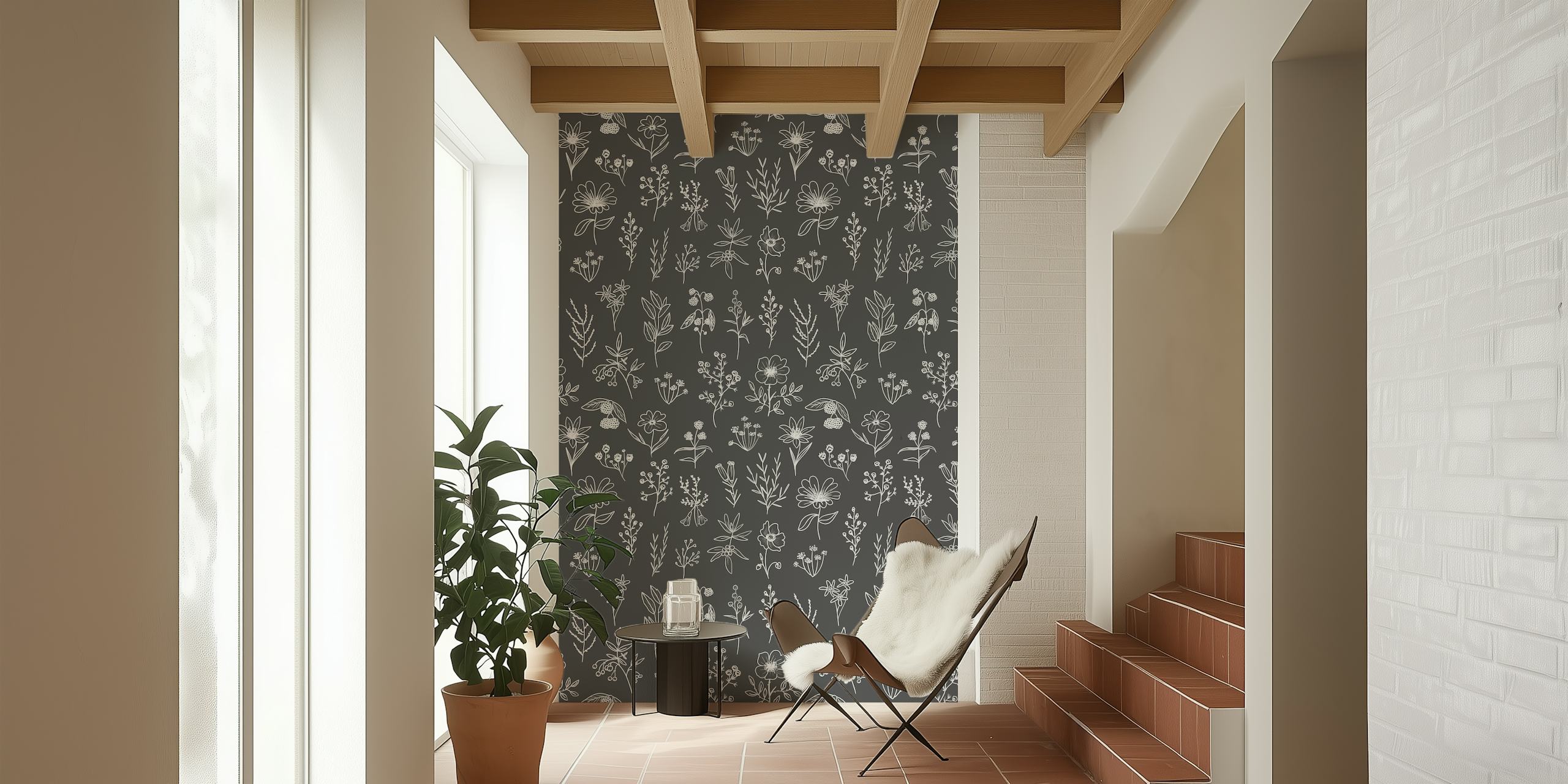 Grey floral line art wallpaper with intricate flower patterns