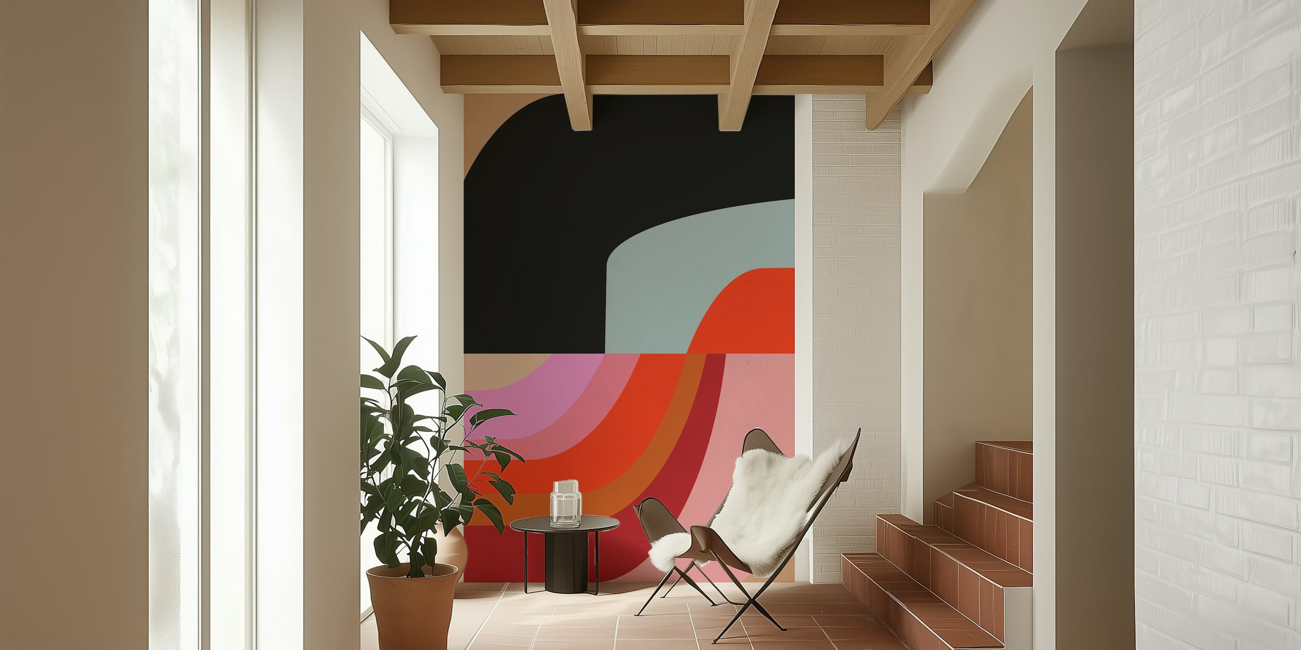 Colorful abstract waves in pink, red, black, and blue wallpaper