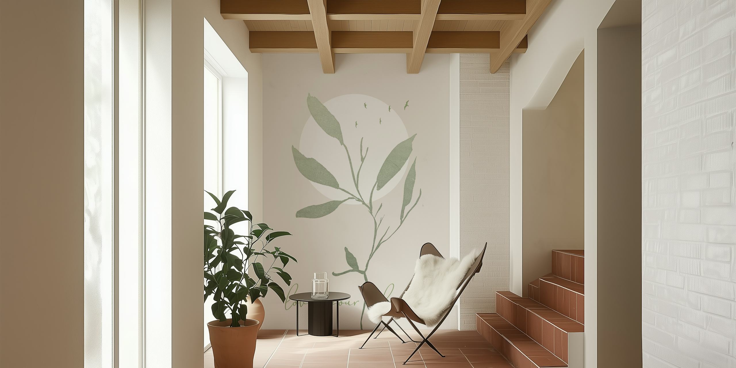Green leaves against a large white circle background wallpaper
