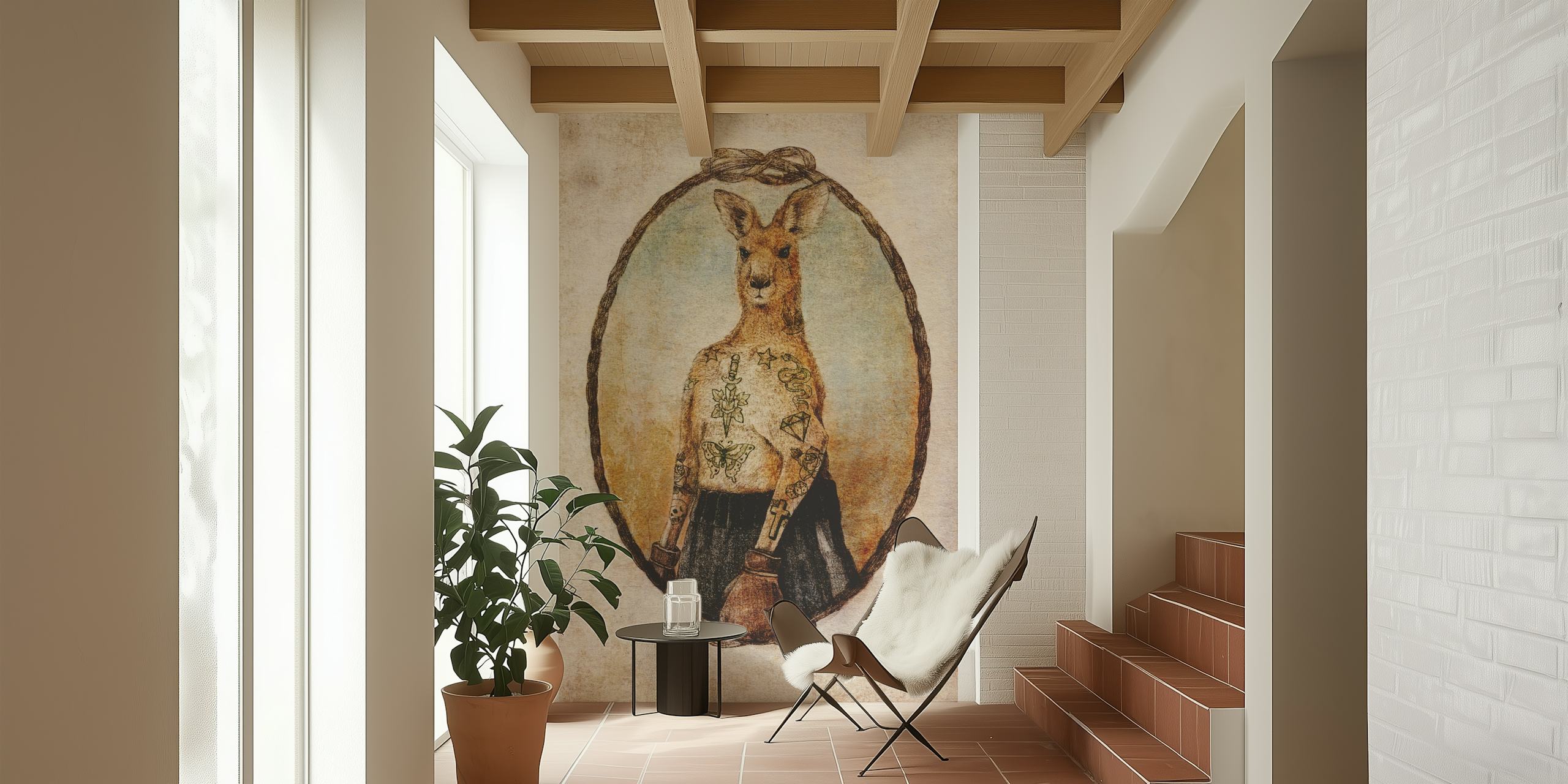 Tattooed kangaroo boxer in vintage style wallpaper