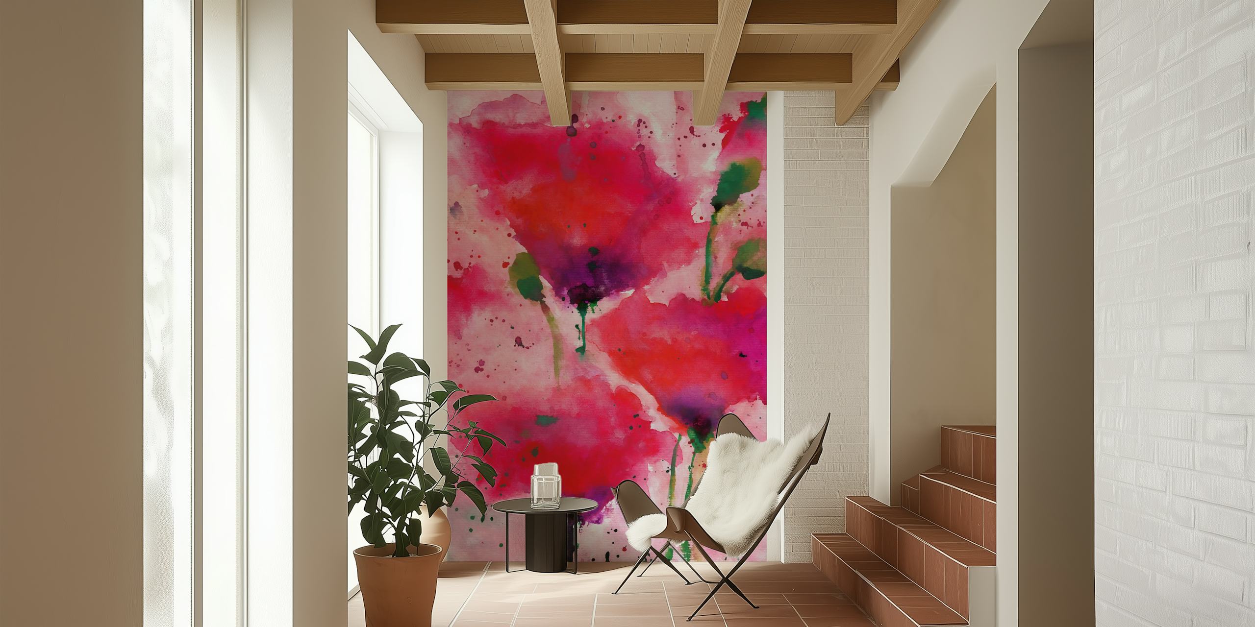 Red flowers wallpaper in a room