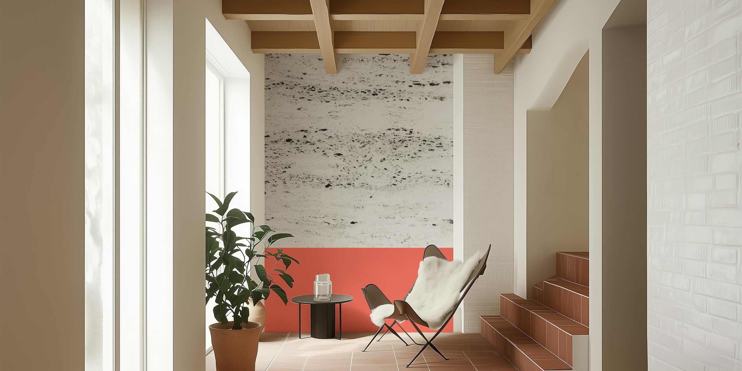Living Coral on Concrete wallpaper in a room