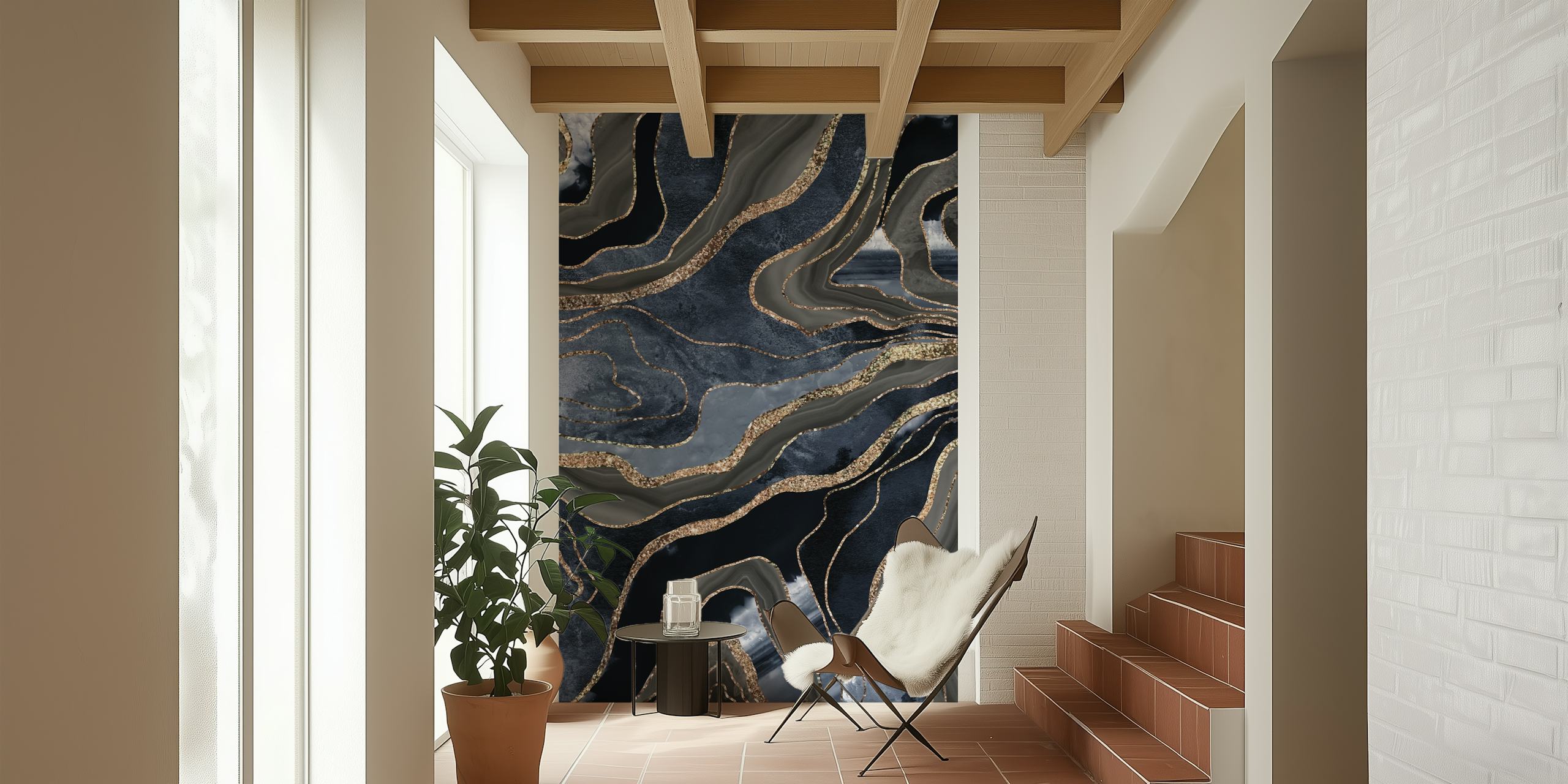 Marble pattern in blue, black, and gold wallpaper