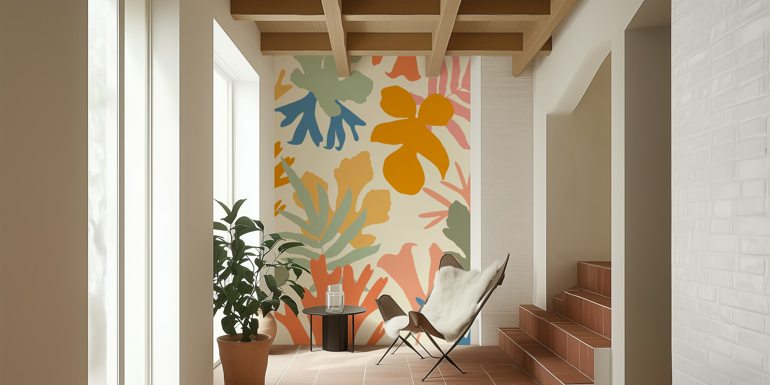 Colorful abstract botanical leaves wall mural perfect for adding a natural artistic touch to interiors.