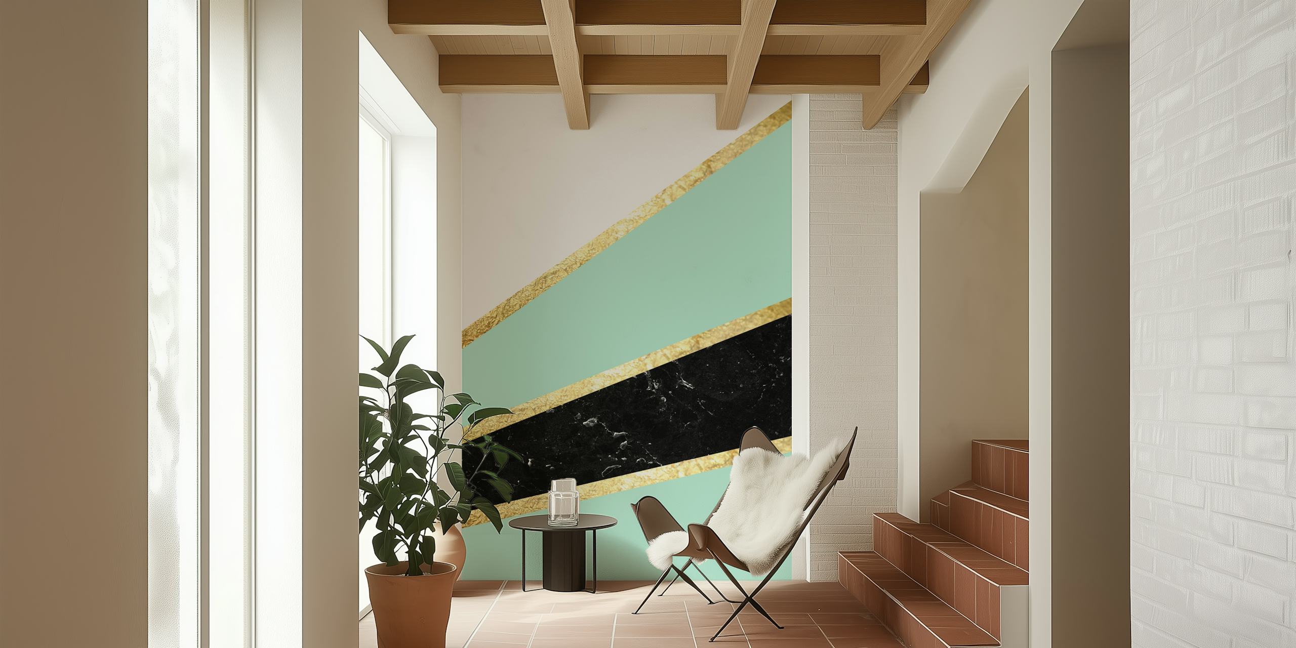 Mintgrønn og hvit marmorveggmural med svarte årer og gullakenter