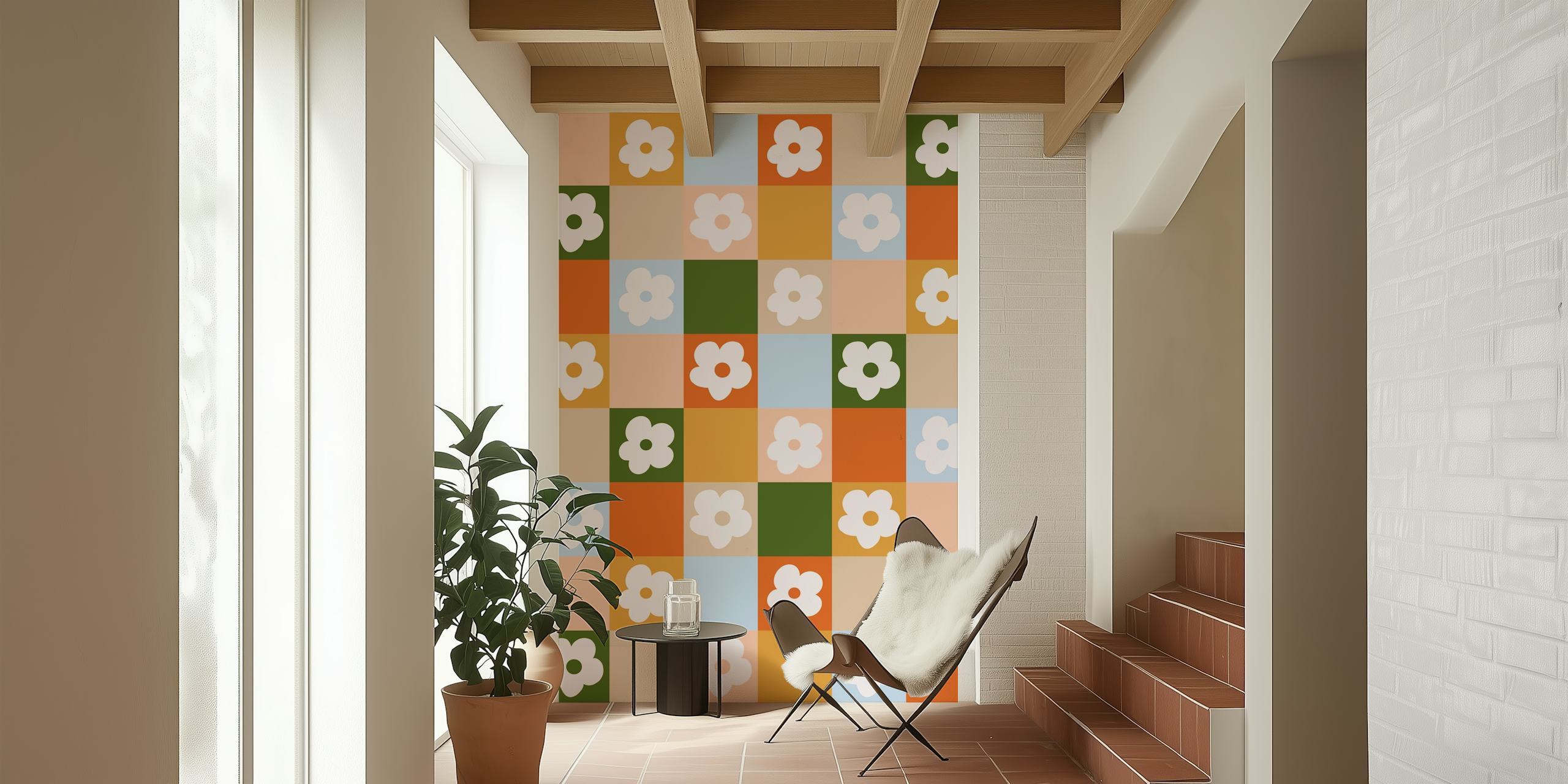 Colorful floral patterns on a retro checkered wallpaper design
