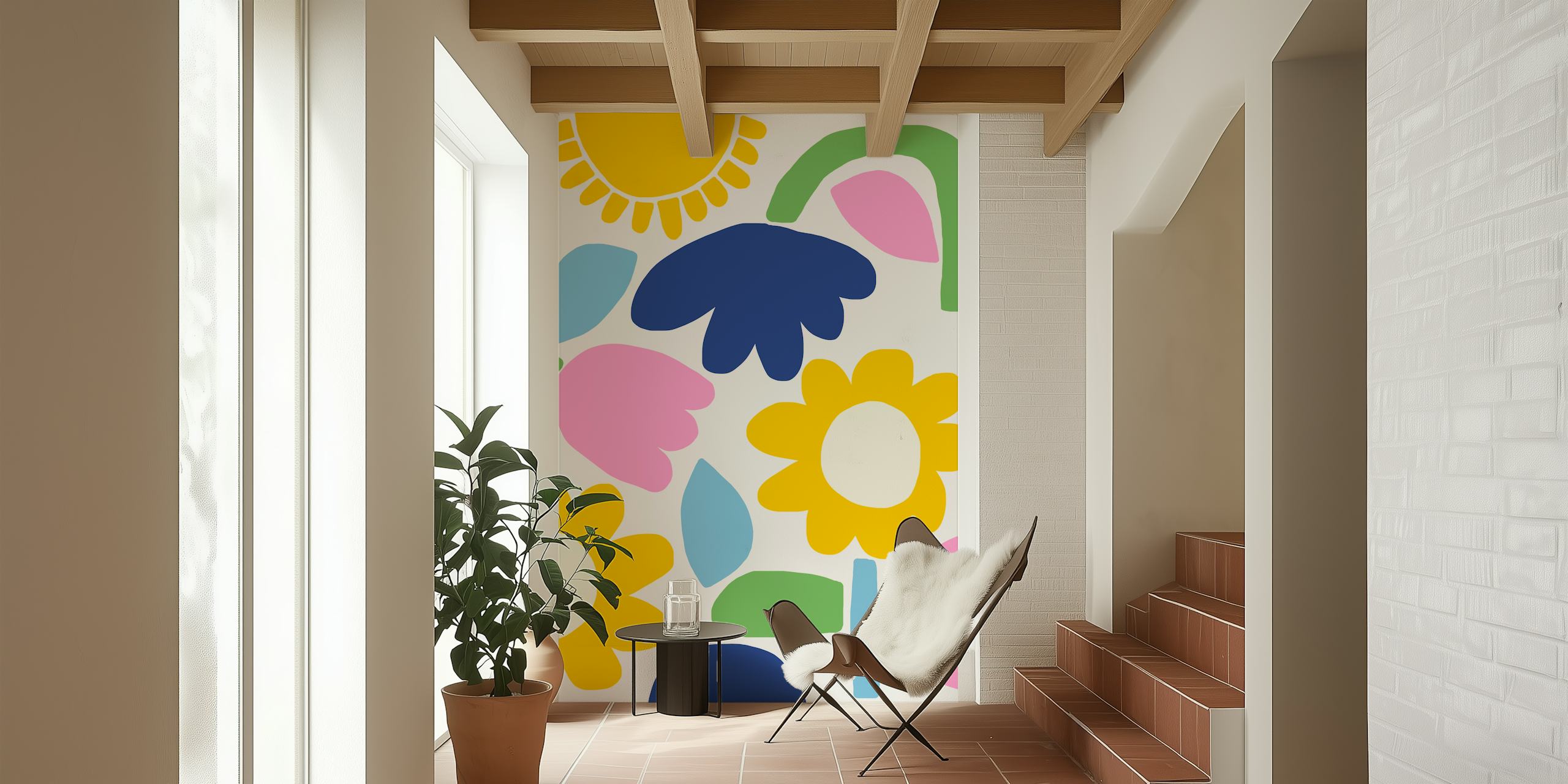 Colorful sun and flower motifs on cream background wallpaper