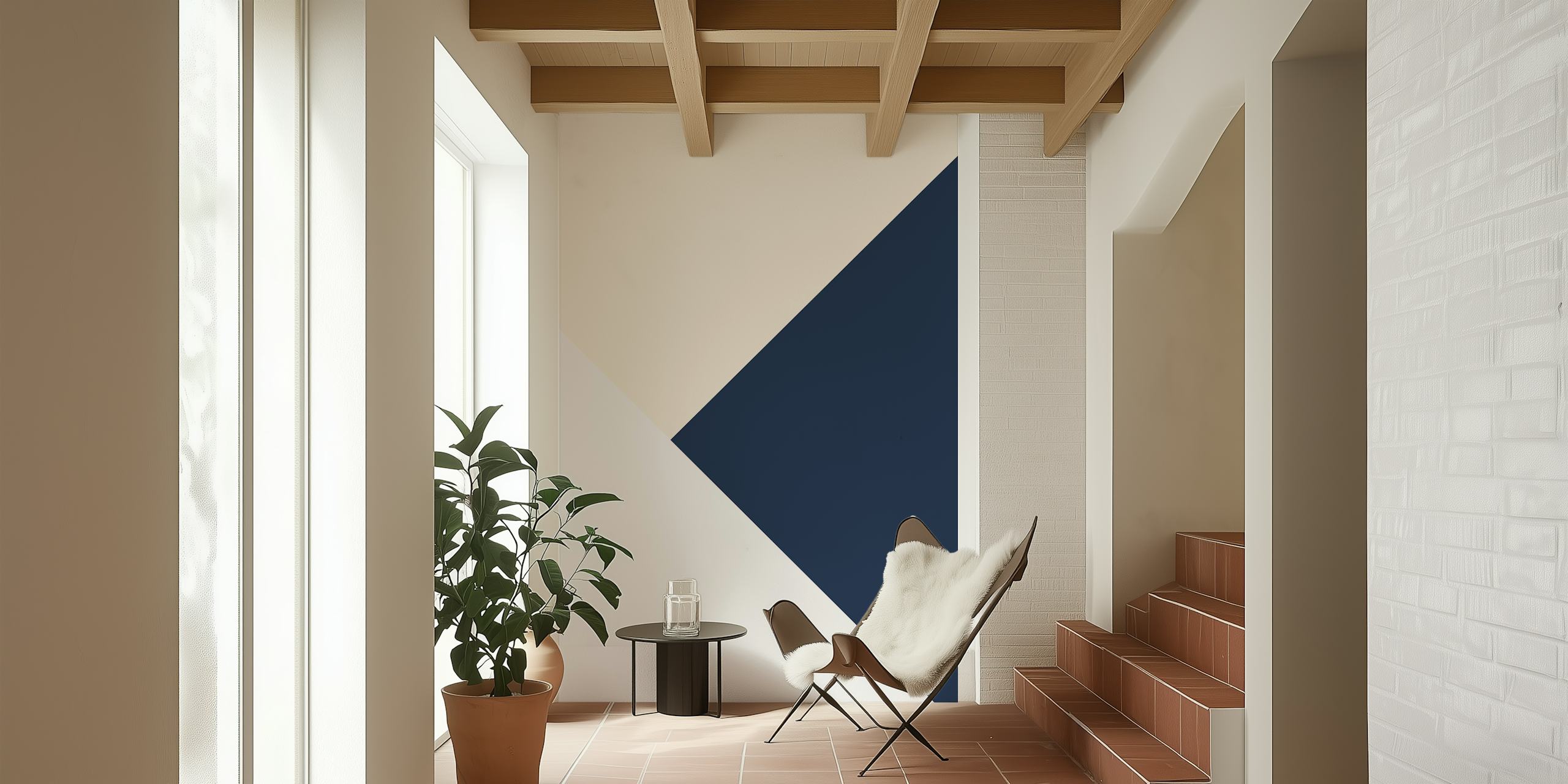 Geometric shapes in blush pink, blue, and white wallpaper