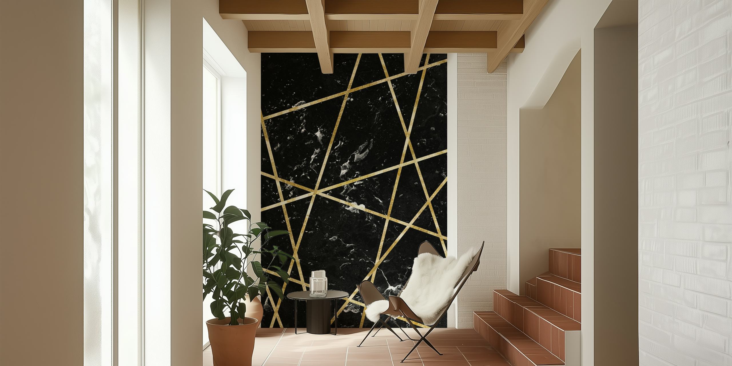 Papier peint Black marble avec motif géométrique doré