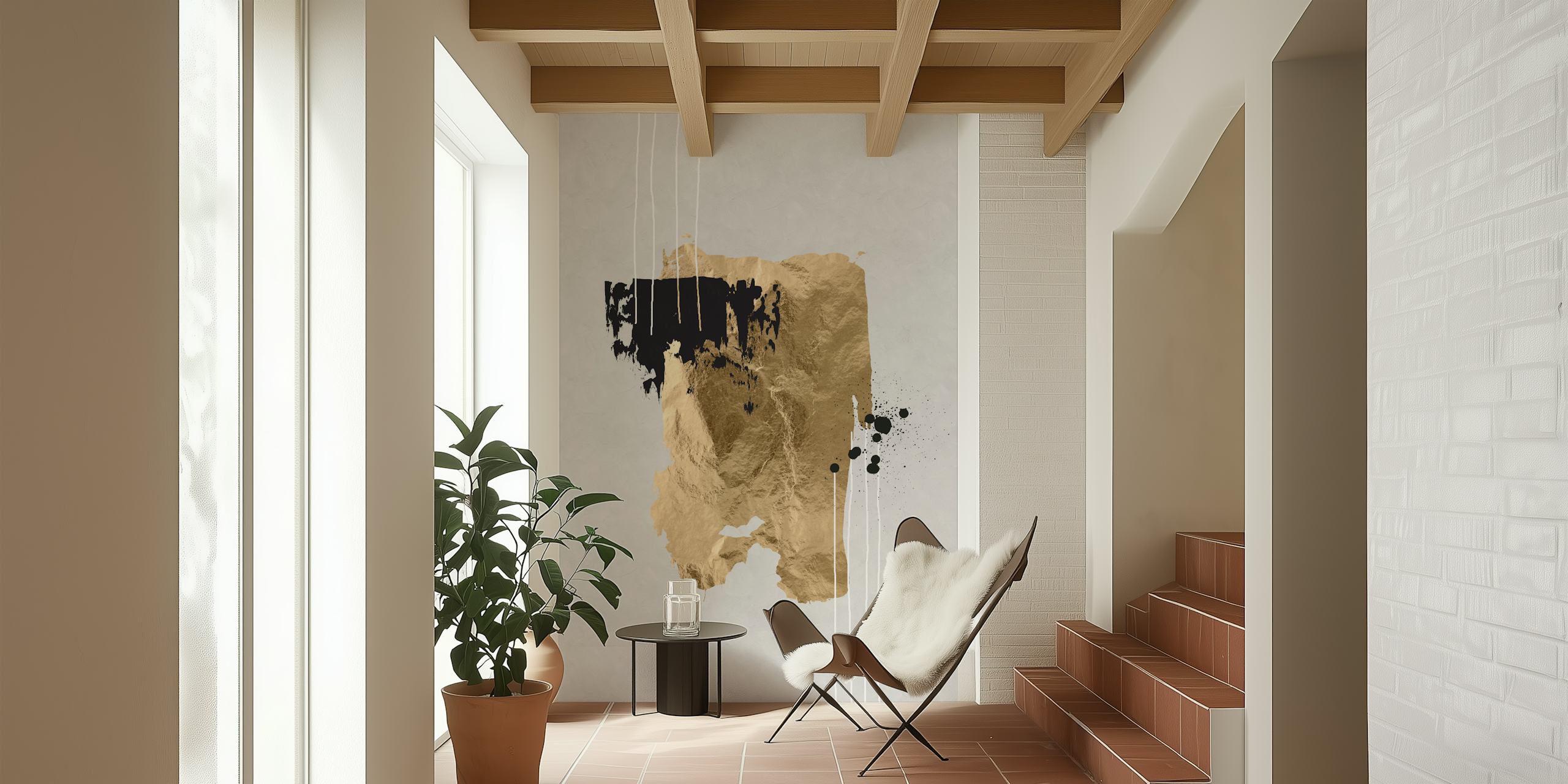 Abstract brush strokes in gold and black on light wallpaper