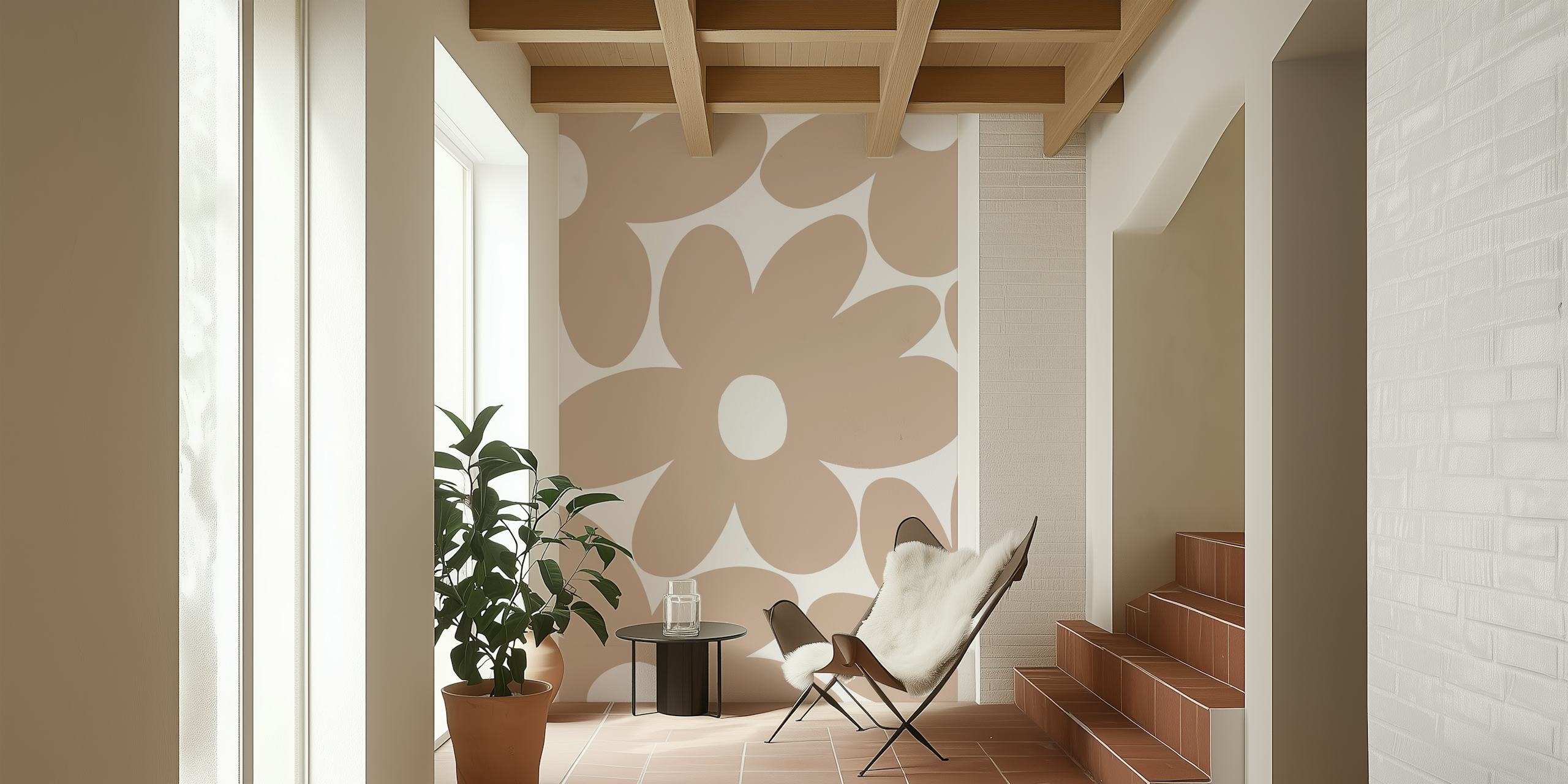 Beige daisy flowers with white centers floral wallpaper