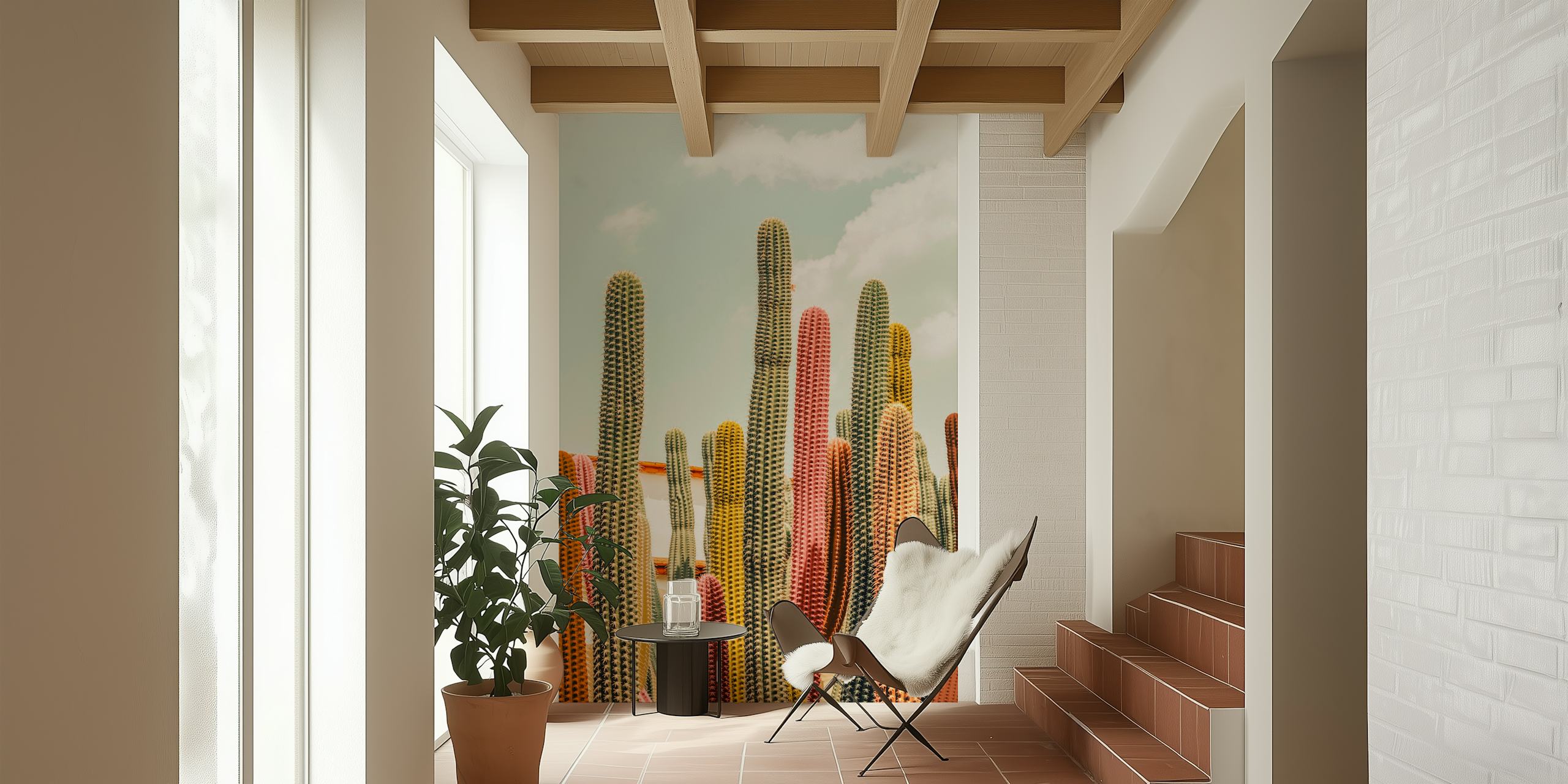 Colorful cacti in pink, yellow, and green against a light sky wallpaper