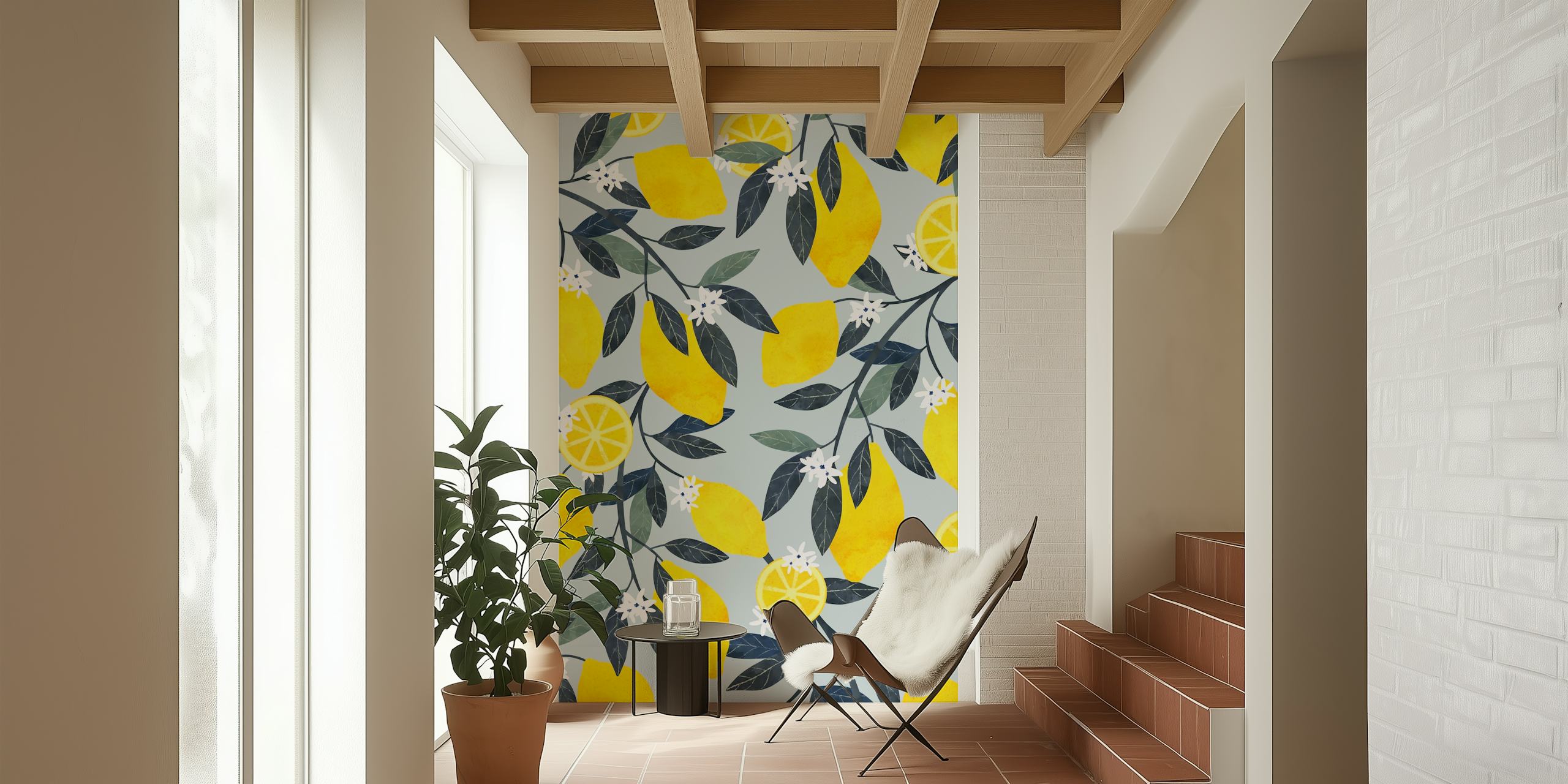 Lemon pattern with green leaves and white flowers wallpaper