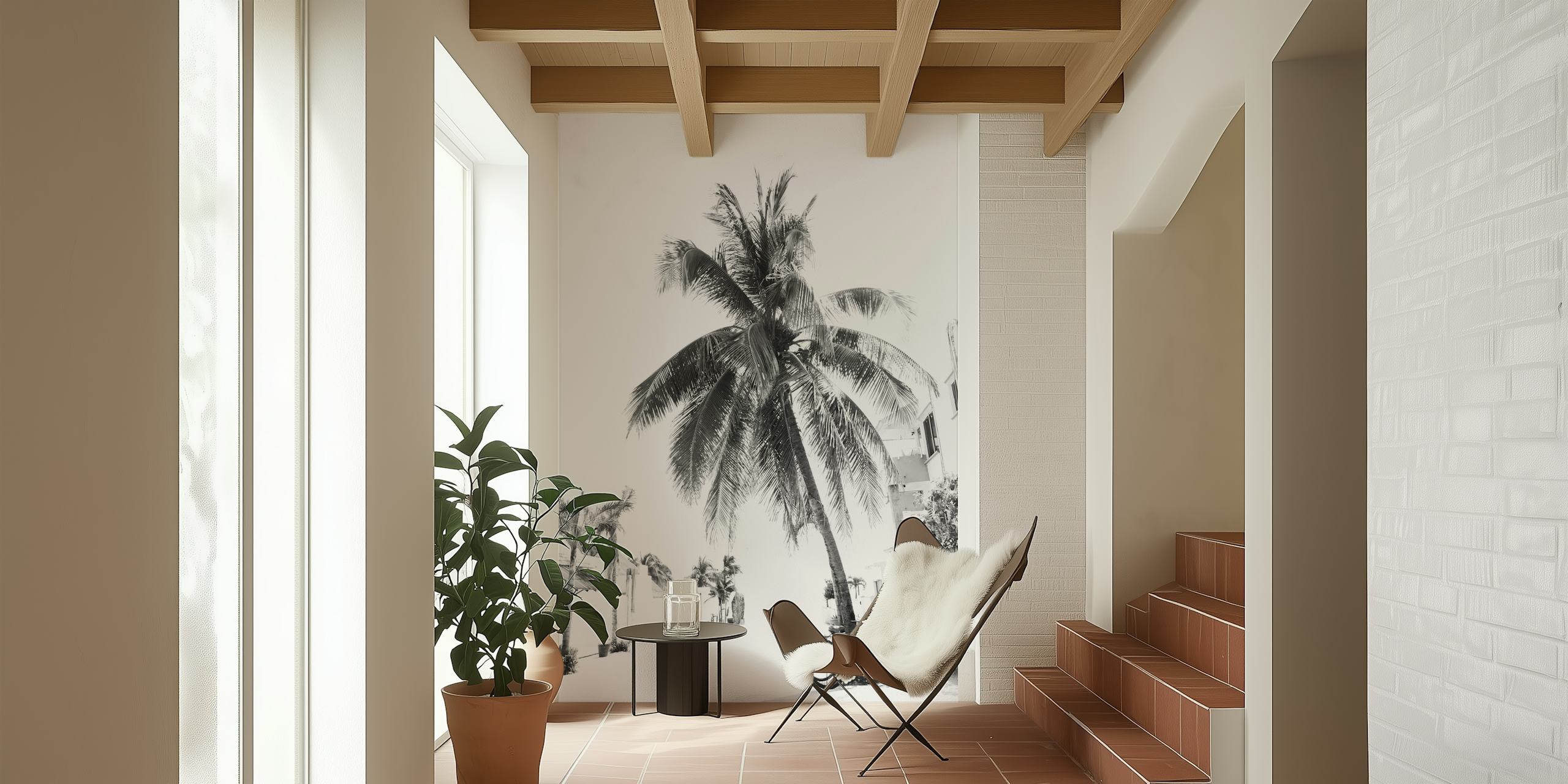 Monochrome Caribbean street scene wall mural with a palm tree and bicycle.