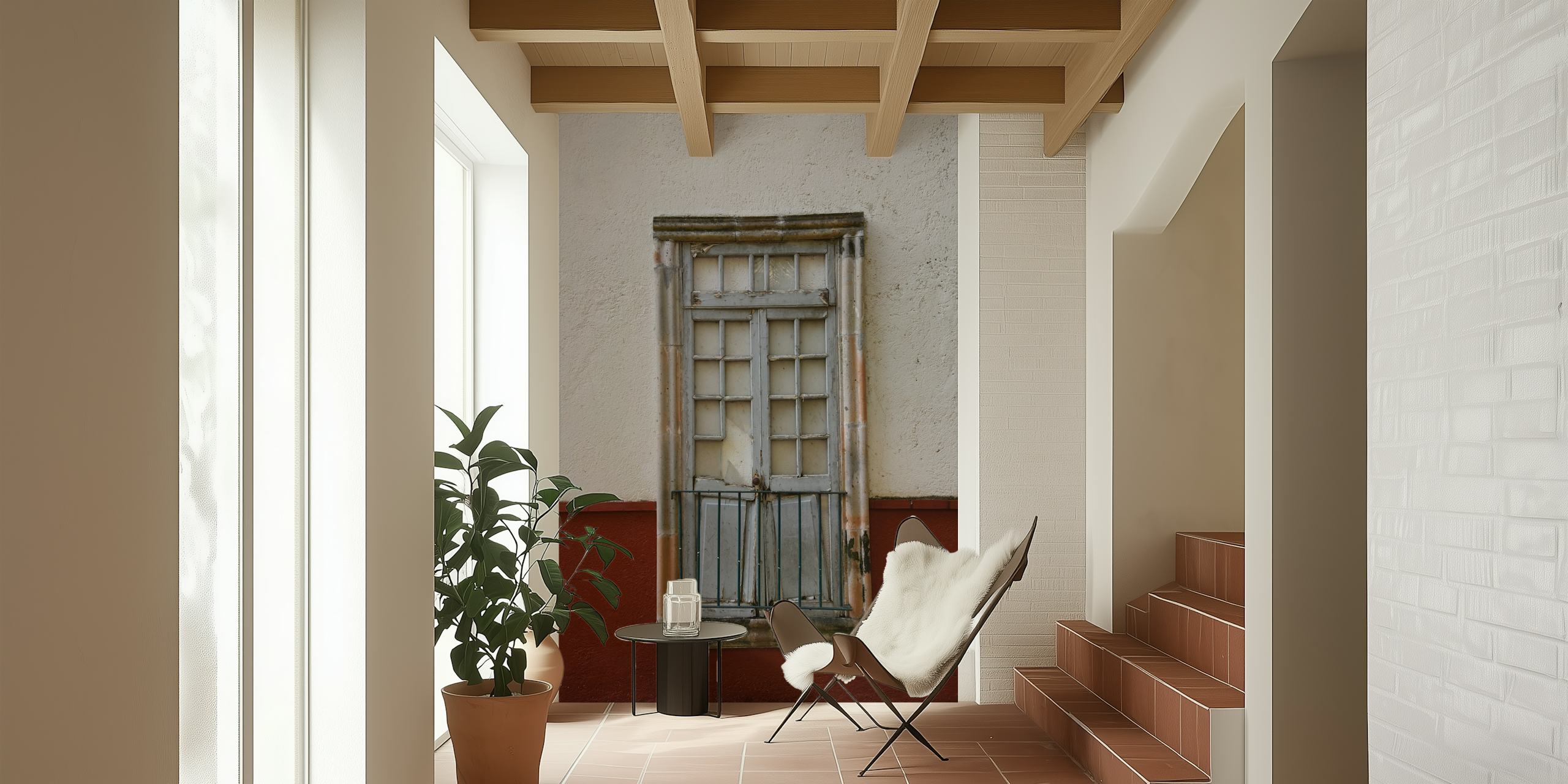 Rustic door design with gray and earthy tones wallpaper