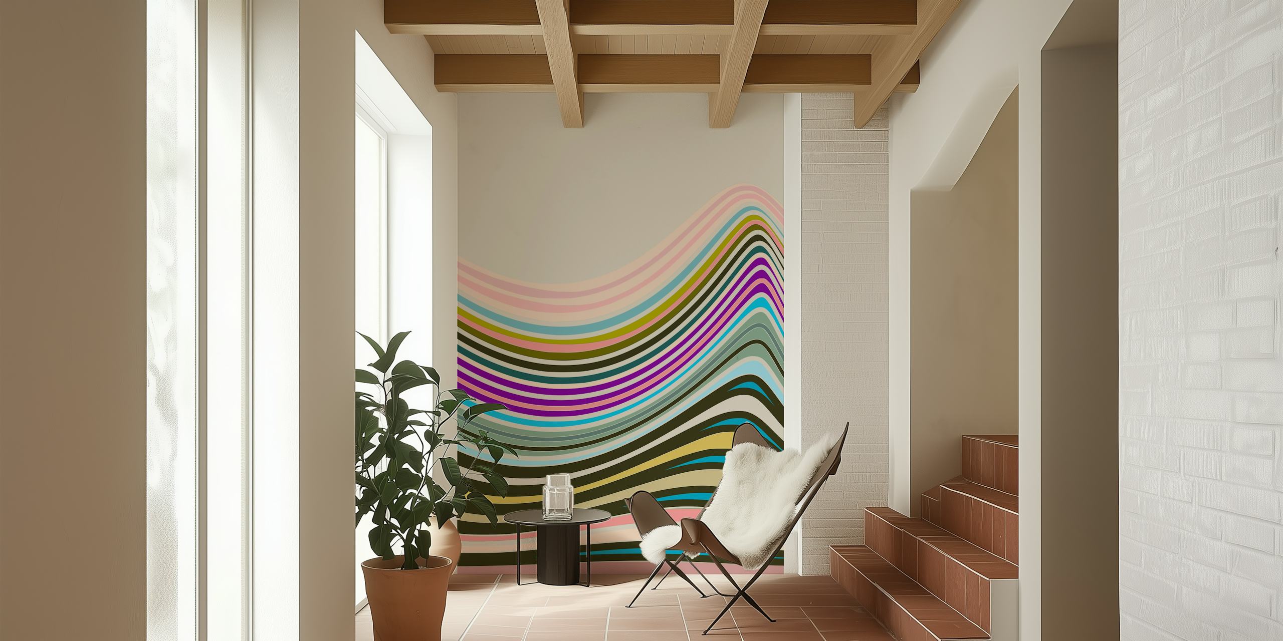 Wavy striped design in multicolor tones including pink, purple, and teal wallpaper.