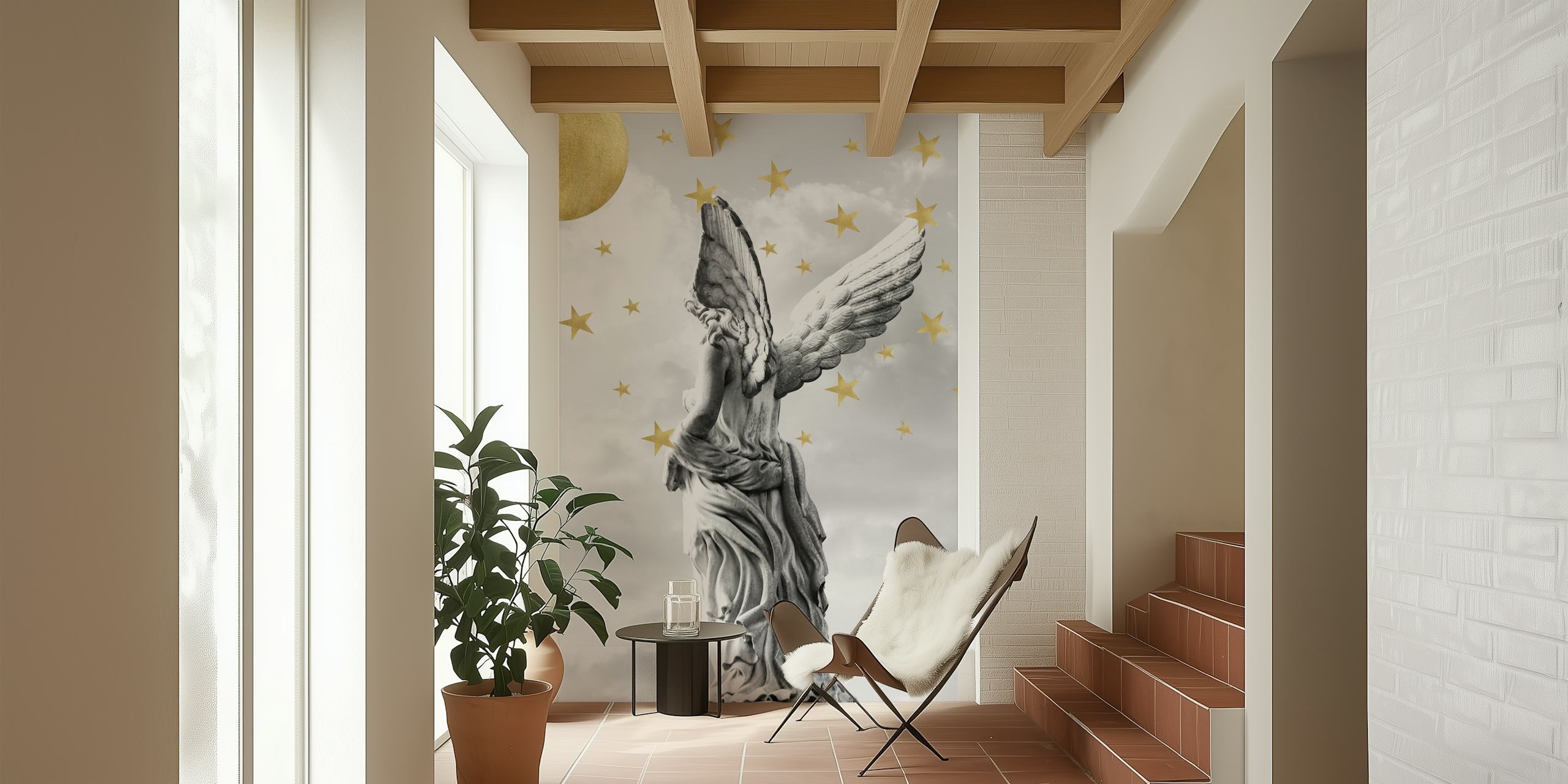 Angel statue with wings and stars against a gray background wallpaper