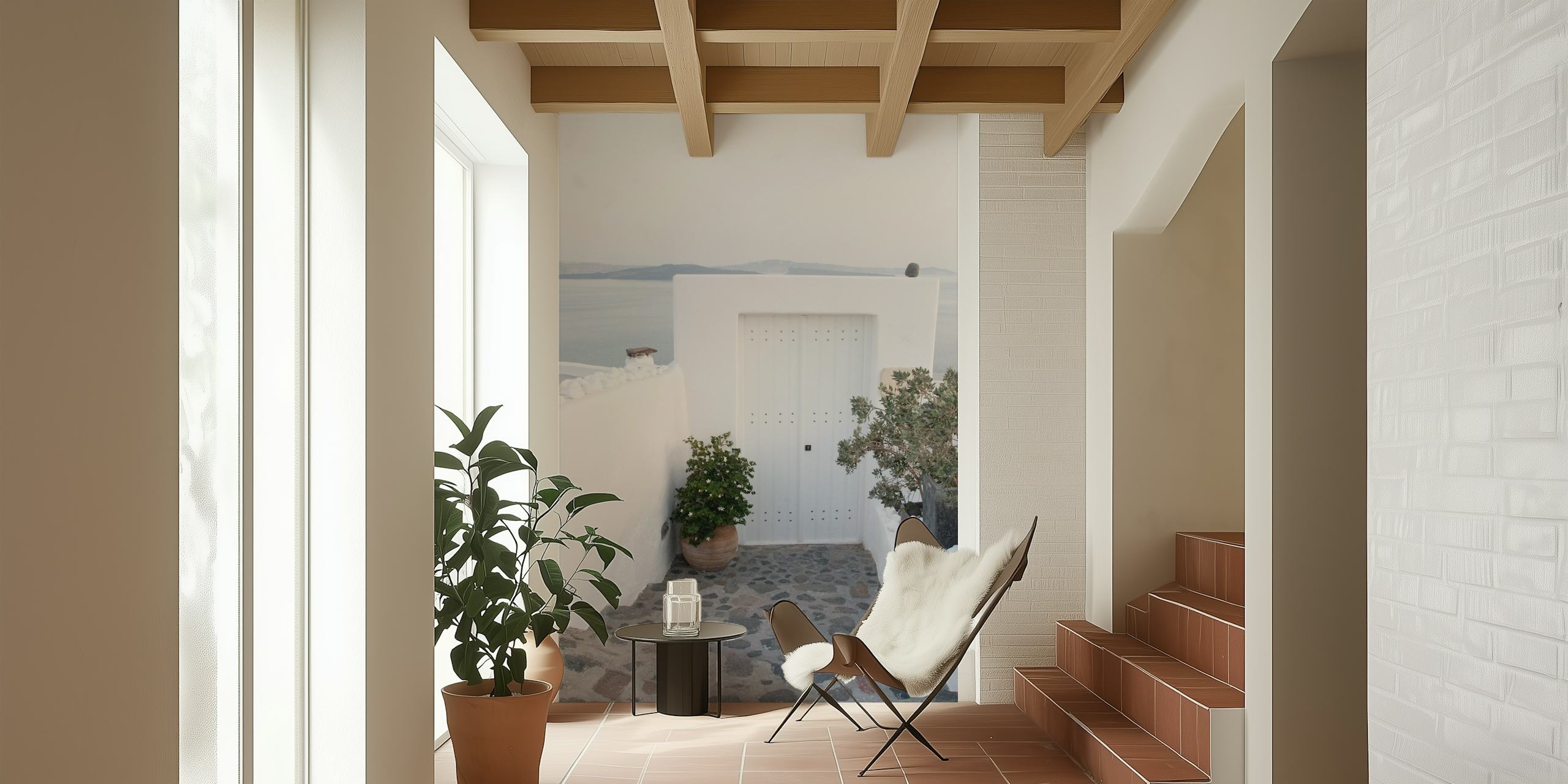 White door and stone steps with green plants wall mural