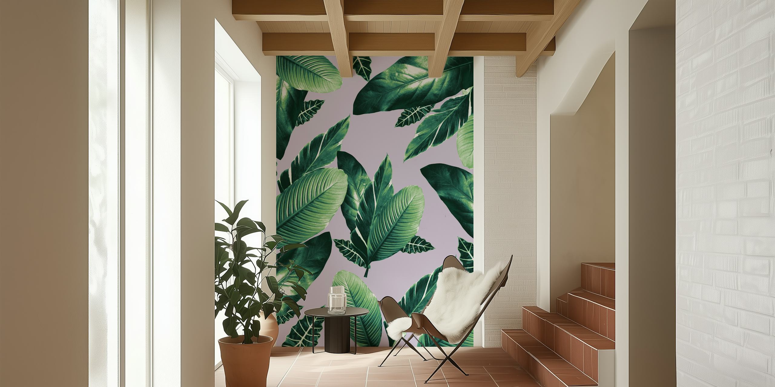 Caribbean leaves wallpaper in a room