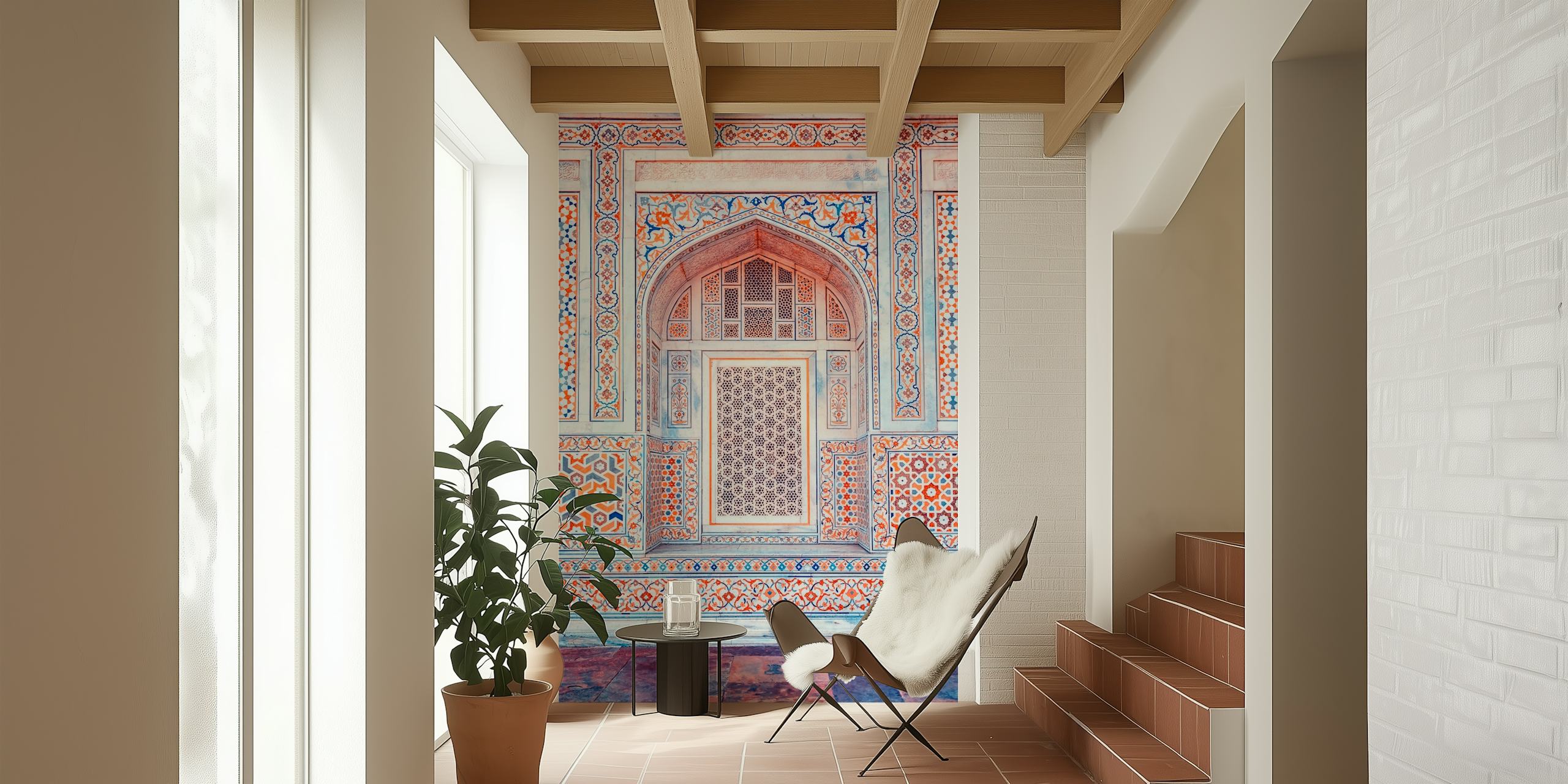 Intricate Indian architectural patterns in orange and blue wallpaper