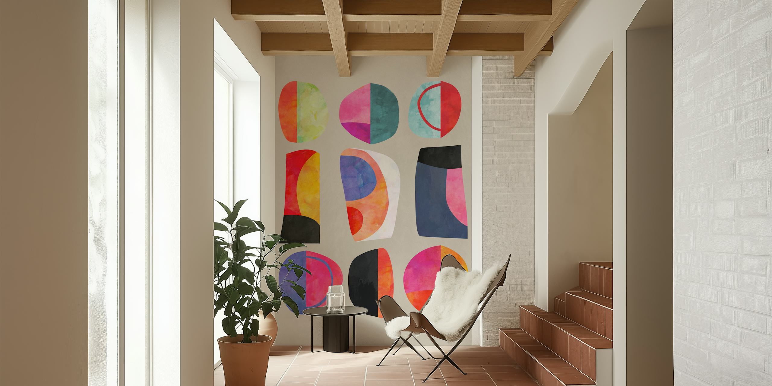 Colorful abstract shapes in pink, blue, and black wallpaper