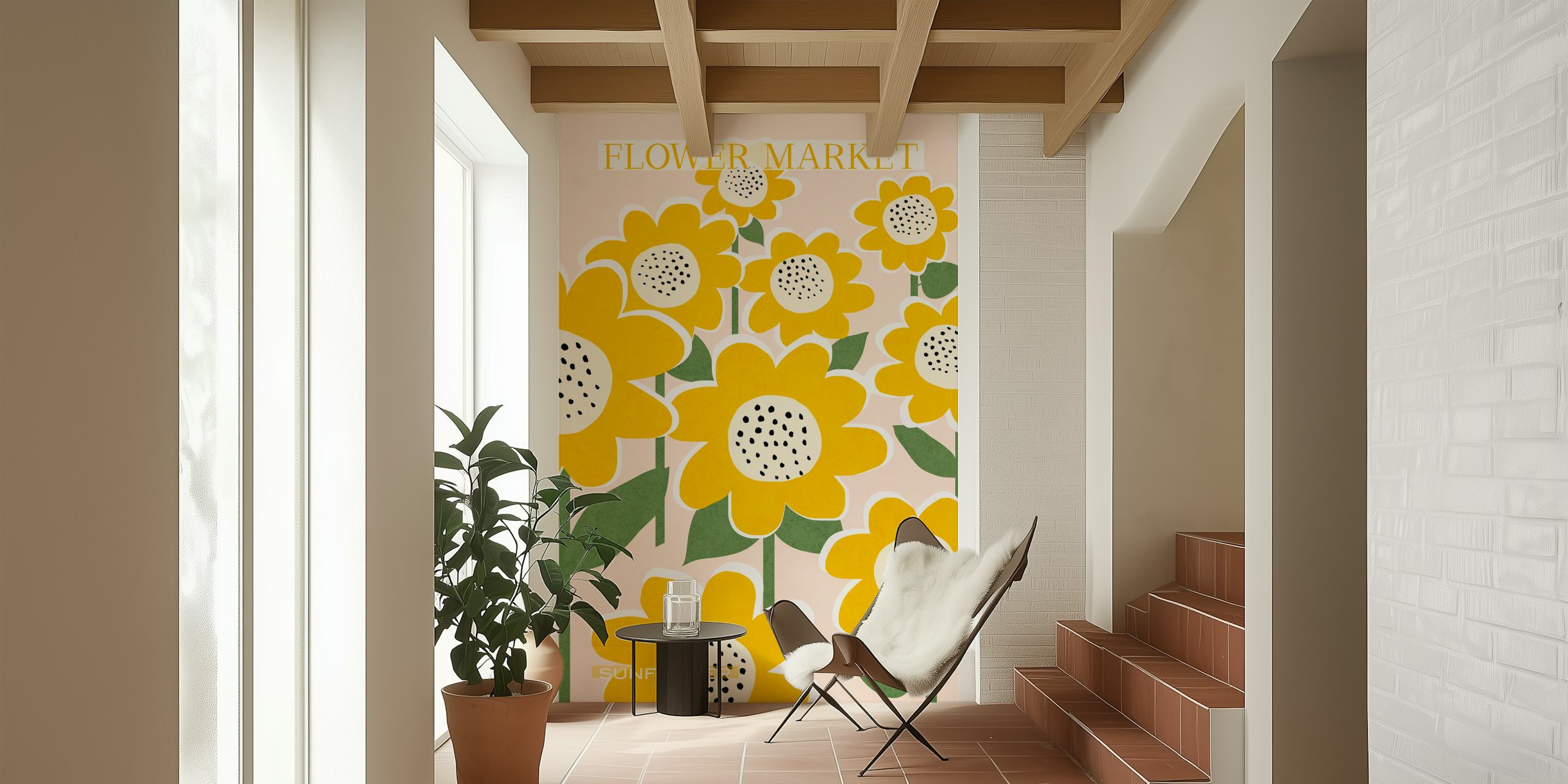 Bright yellow sunflower patterns with green leaves on pastel pink wallpaper