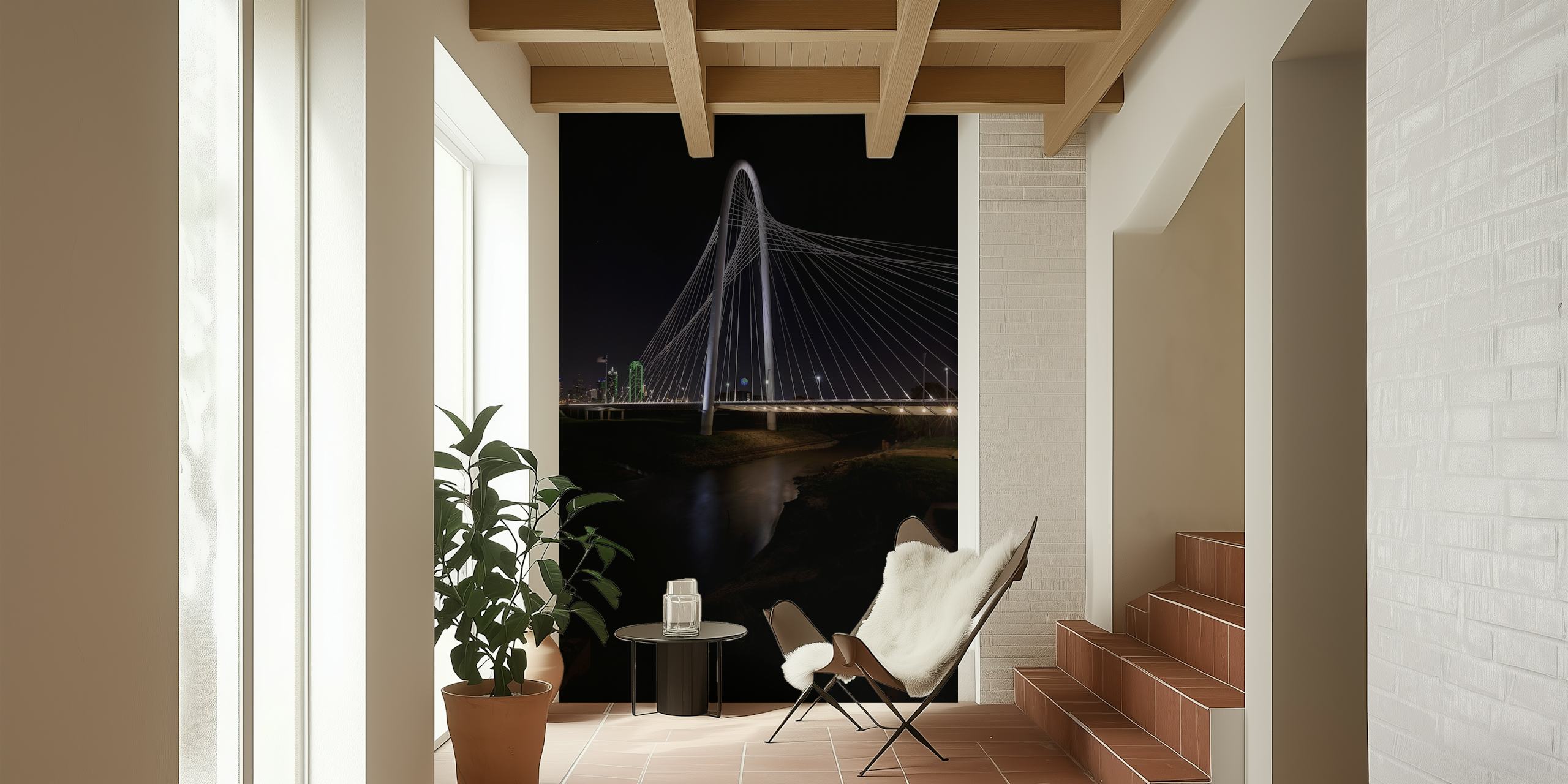 Nighttime view of Margaret Hunt Hill Bridge with city lights wallpaper