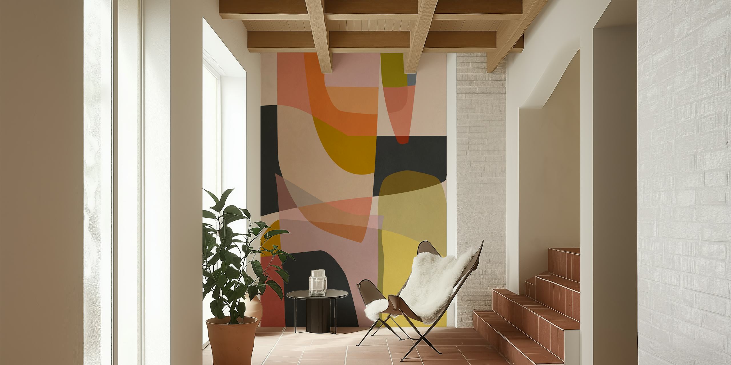 Colorful overlapping shapes in orange, pink, yellow, and black abstract wallpaper