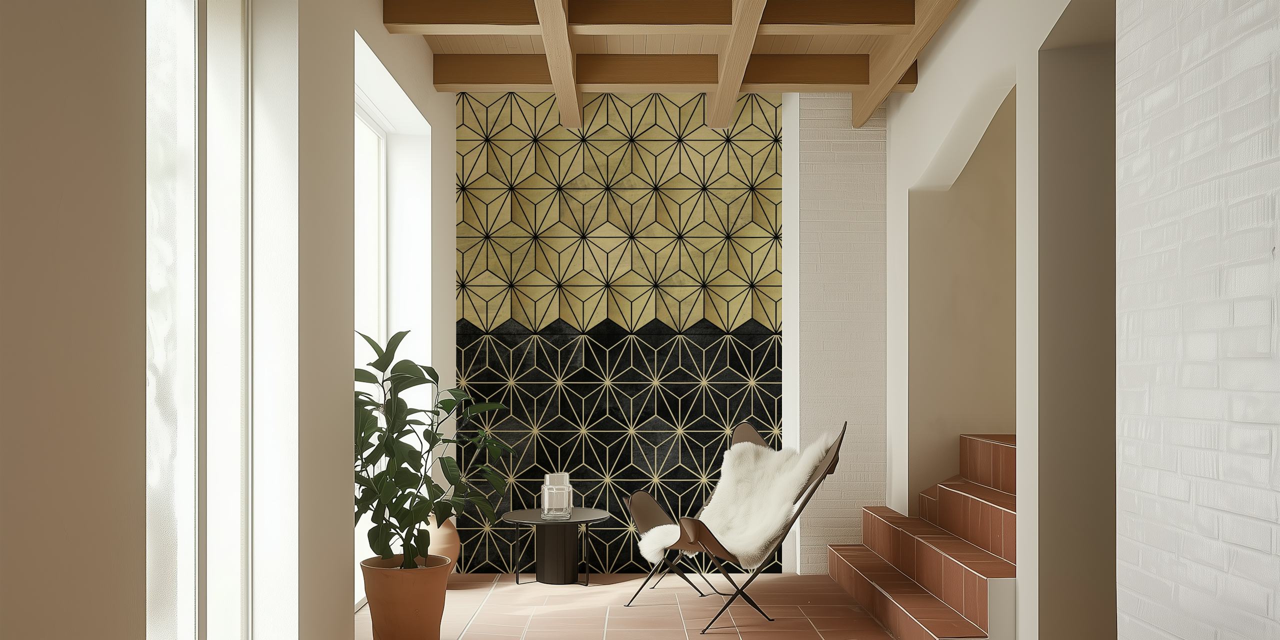 Gull og svart geometrisk mønstret veggmaleri fra happywall.com