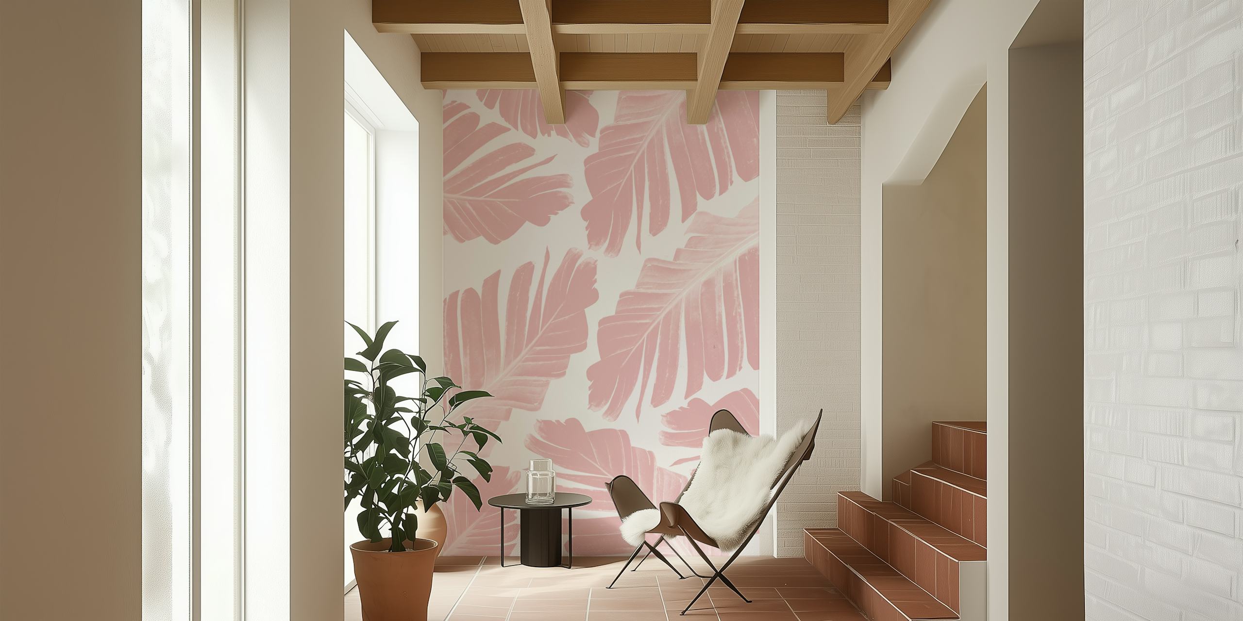 Pink banana leaves on white background tropical wallpaper