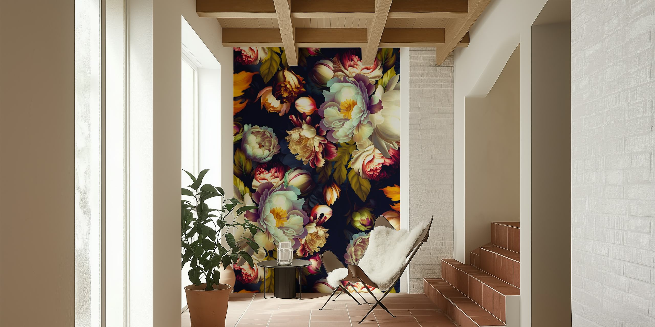 Elegant floral patterns in rich colors on black background wallpaper