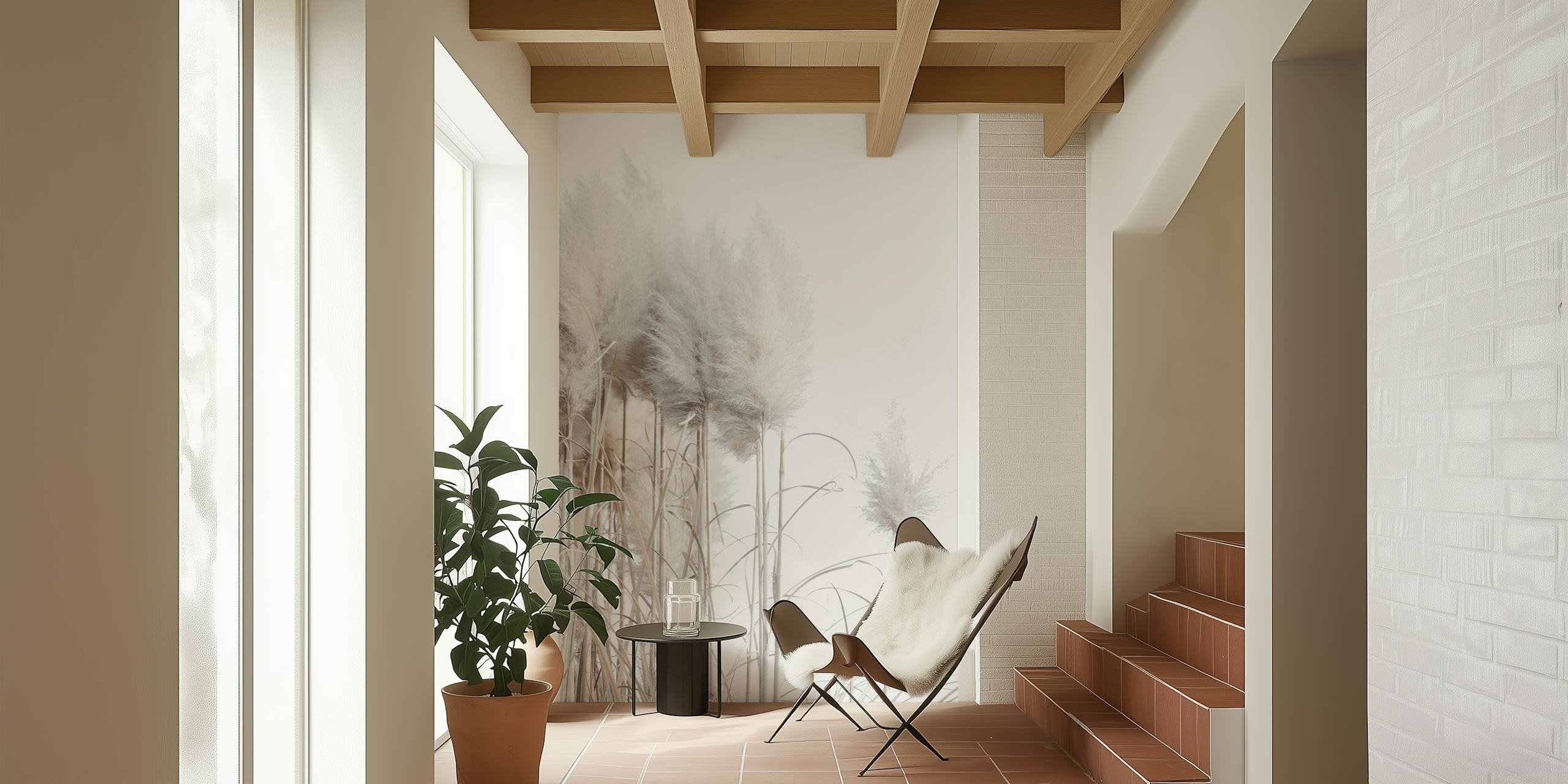 Pampas grass with soft beige tones against white background wallpaper