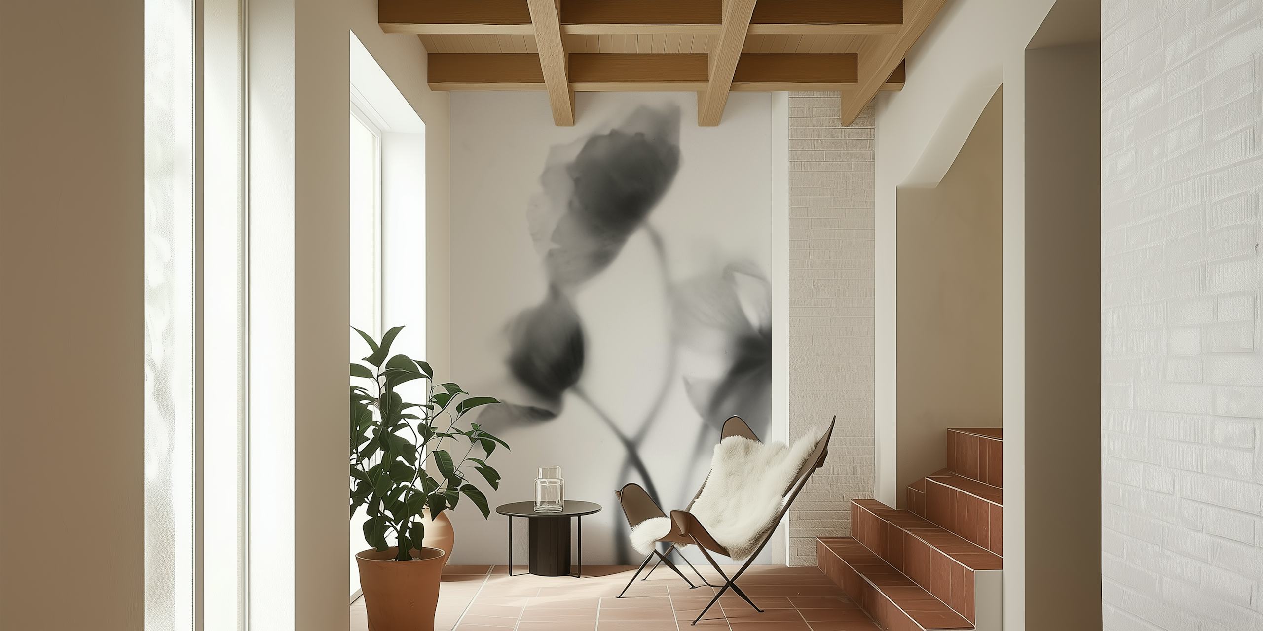 Papier peint abstrait coquelicots en niveaux de gris pour décoration intérieure