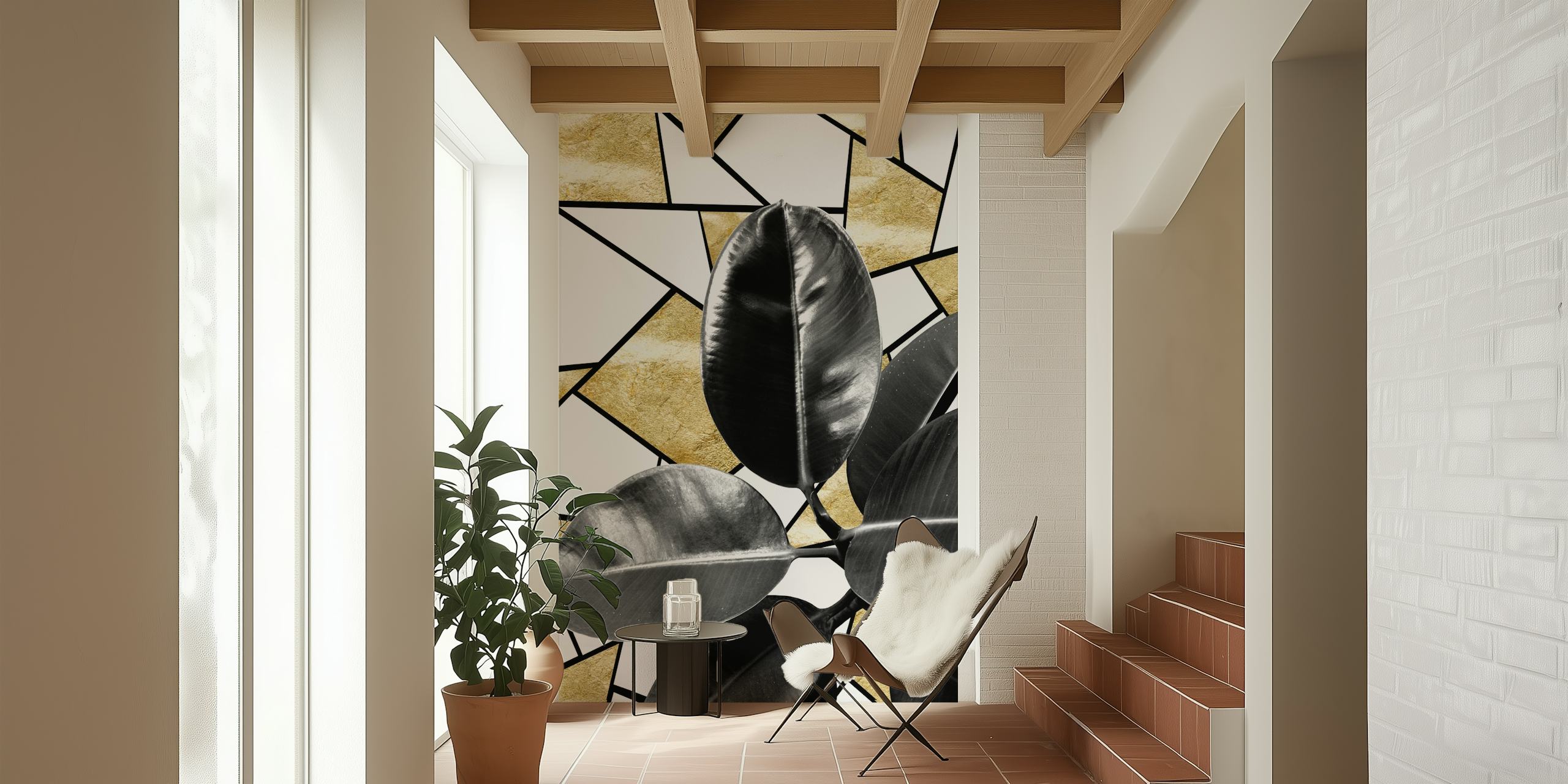 Ficus Elastica leaves with gold geometric patterns on a wall mural