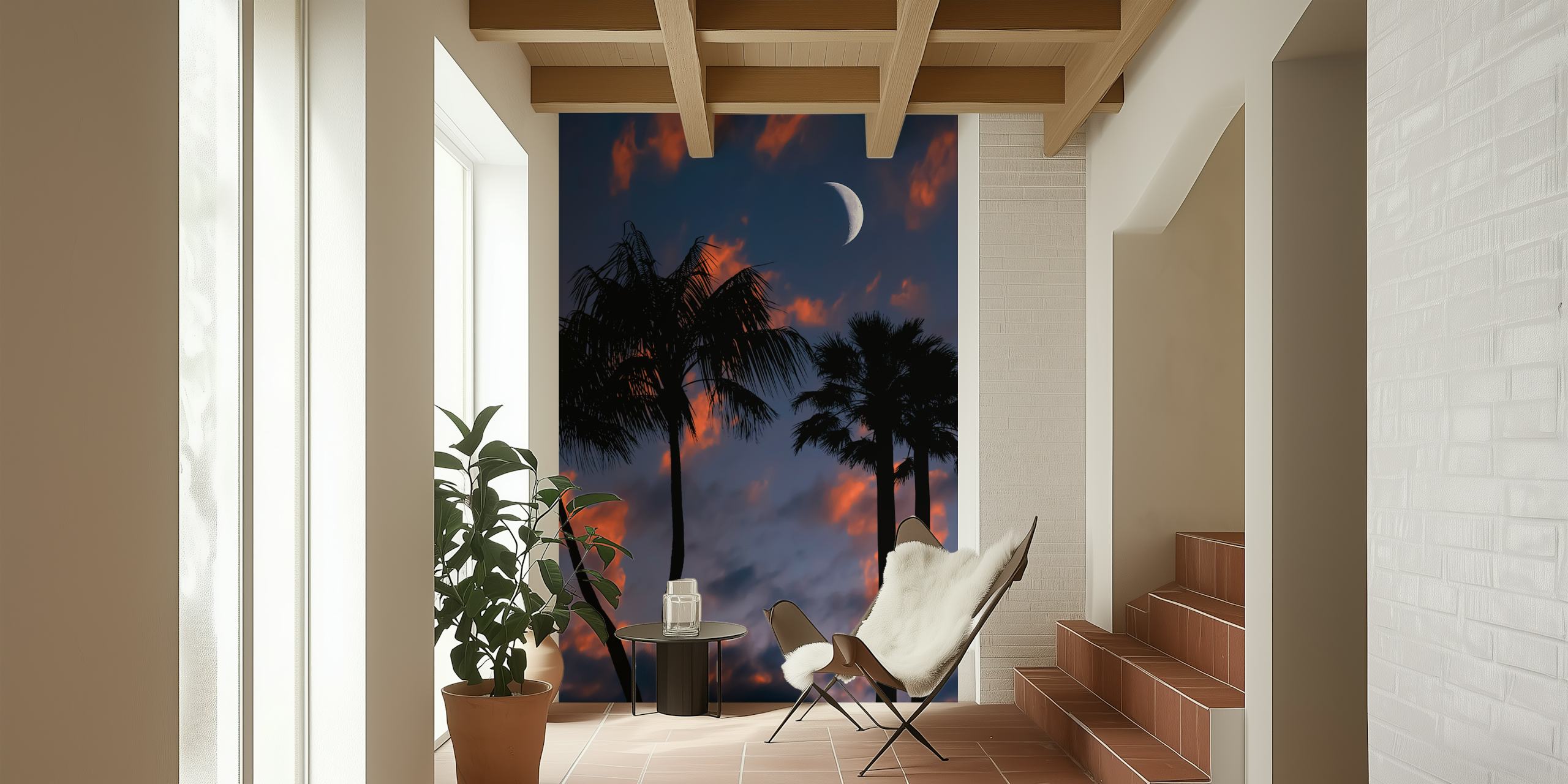 Palm trees silhouetted against a twilight sky with a crescent moon wallpaper