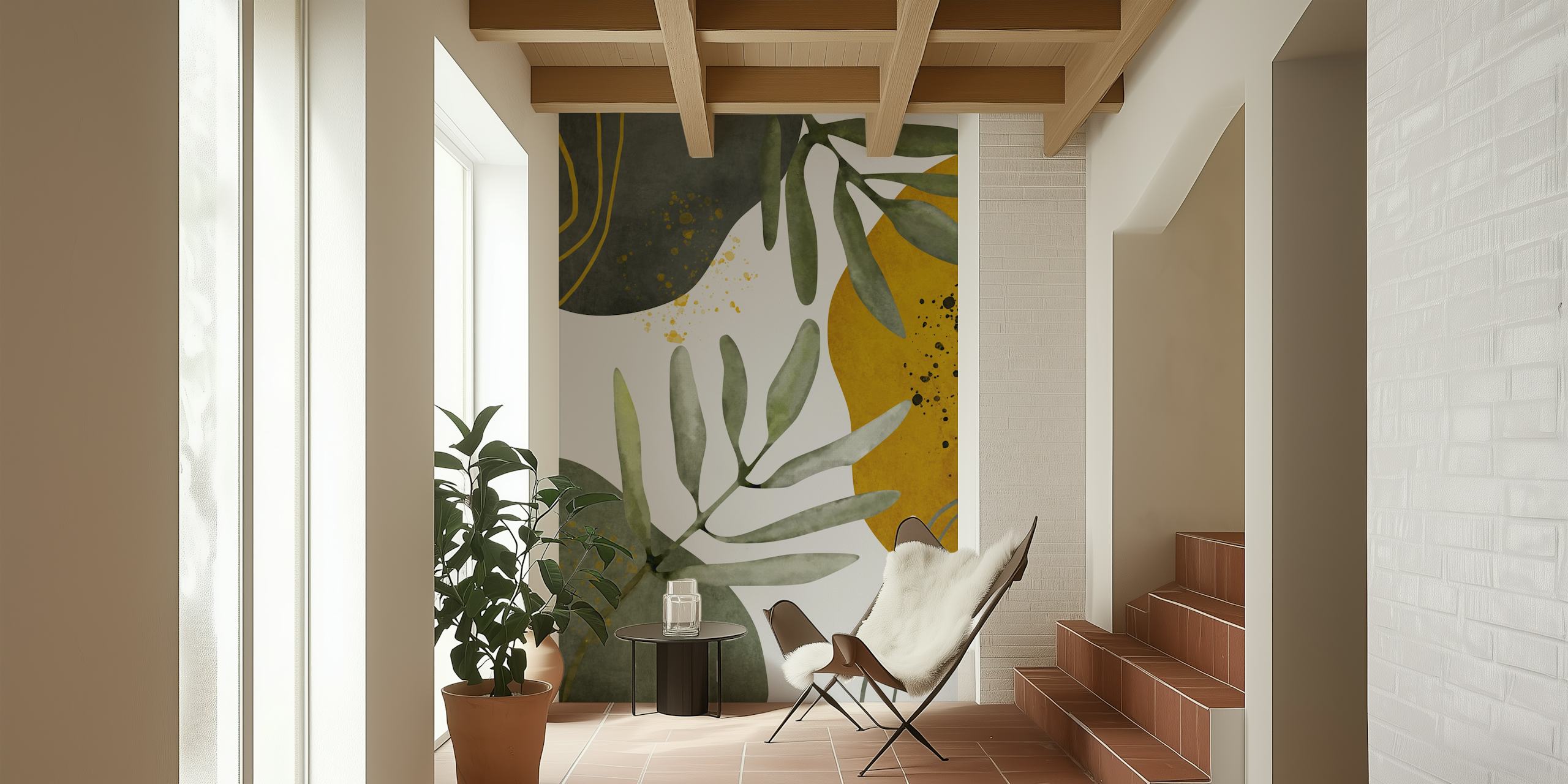 Abstract botanical leaves in muted greens with earthy-toned shapes wall mural
