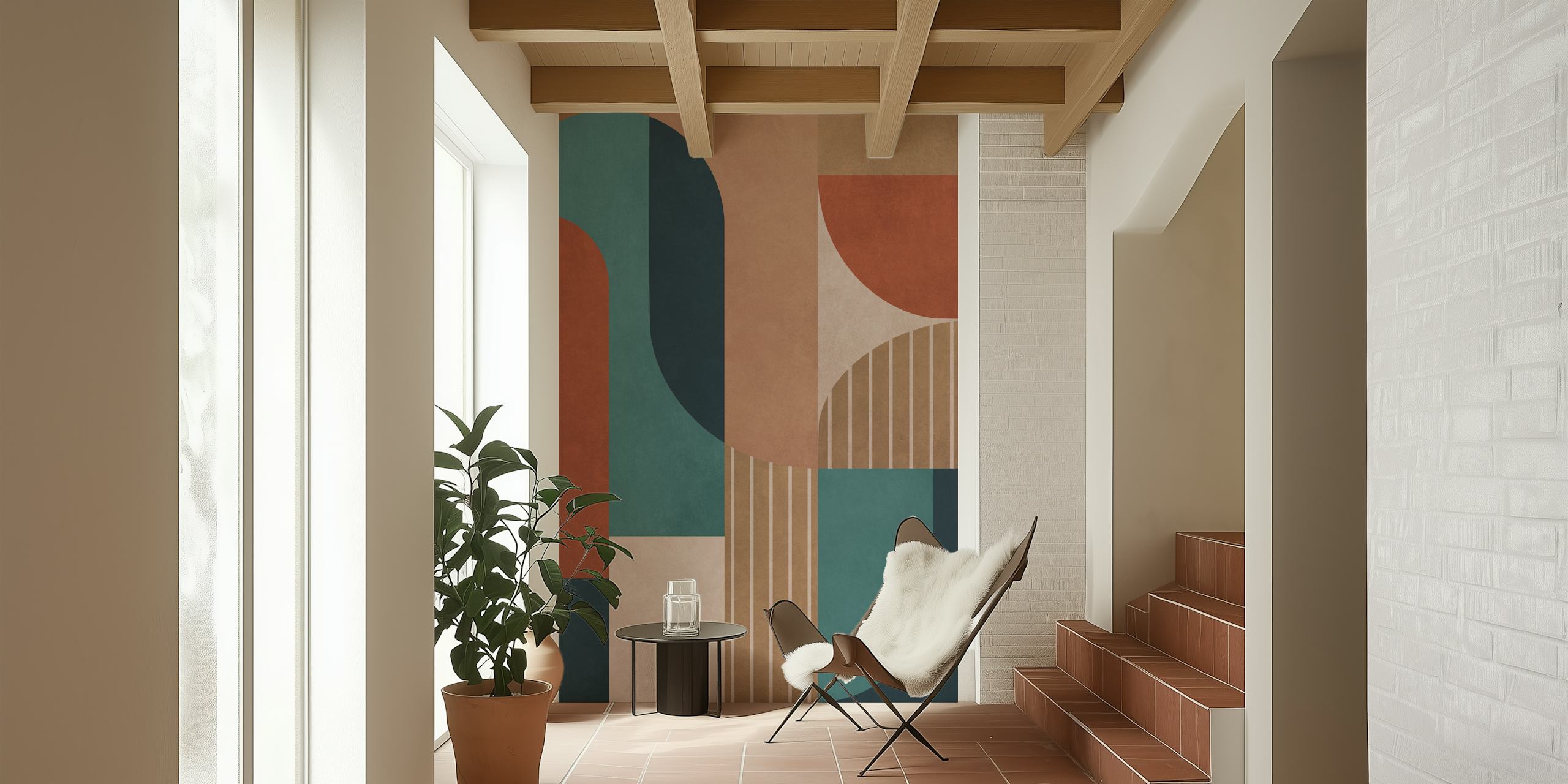 Geometric shapes in earthy tones of blue, terracotta, and beige wallpaper