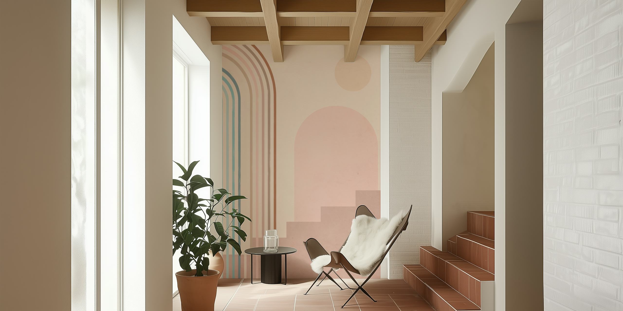 Abstract Moroccan Arch wall mural with pastel pink and blue tones and geometric shapes
