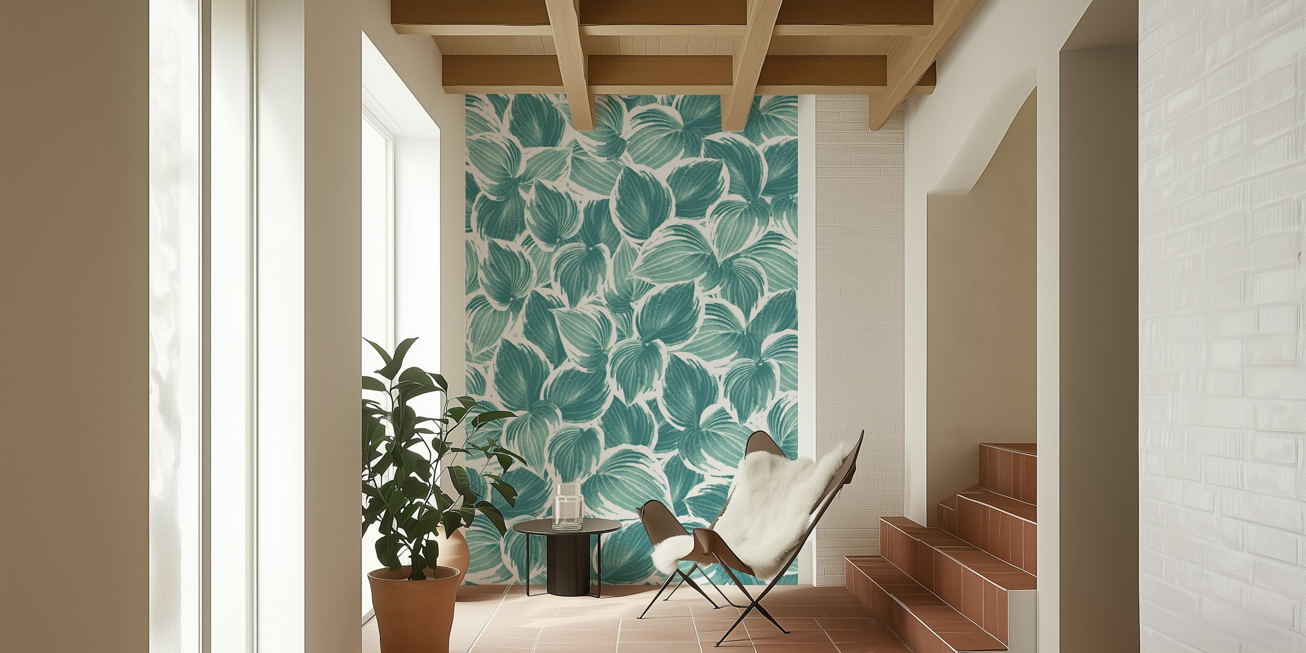 Botanical teal leaves pattern on a white background wall mural