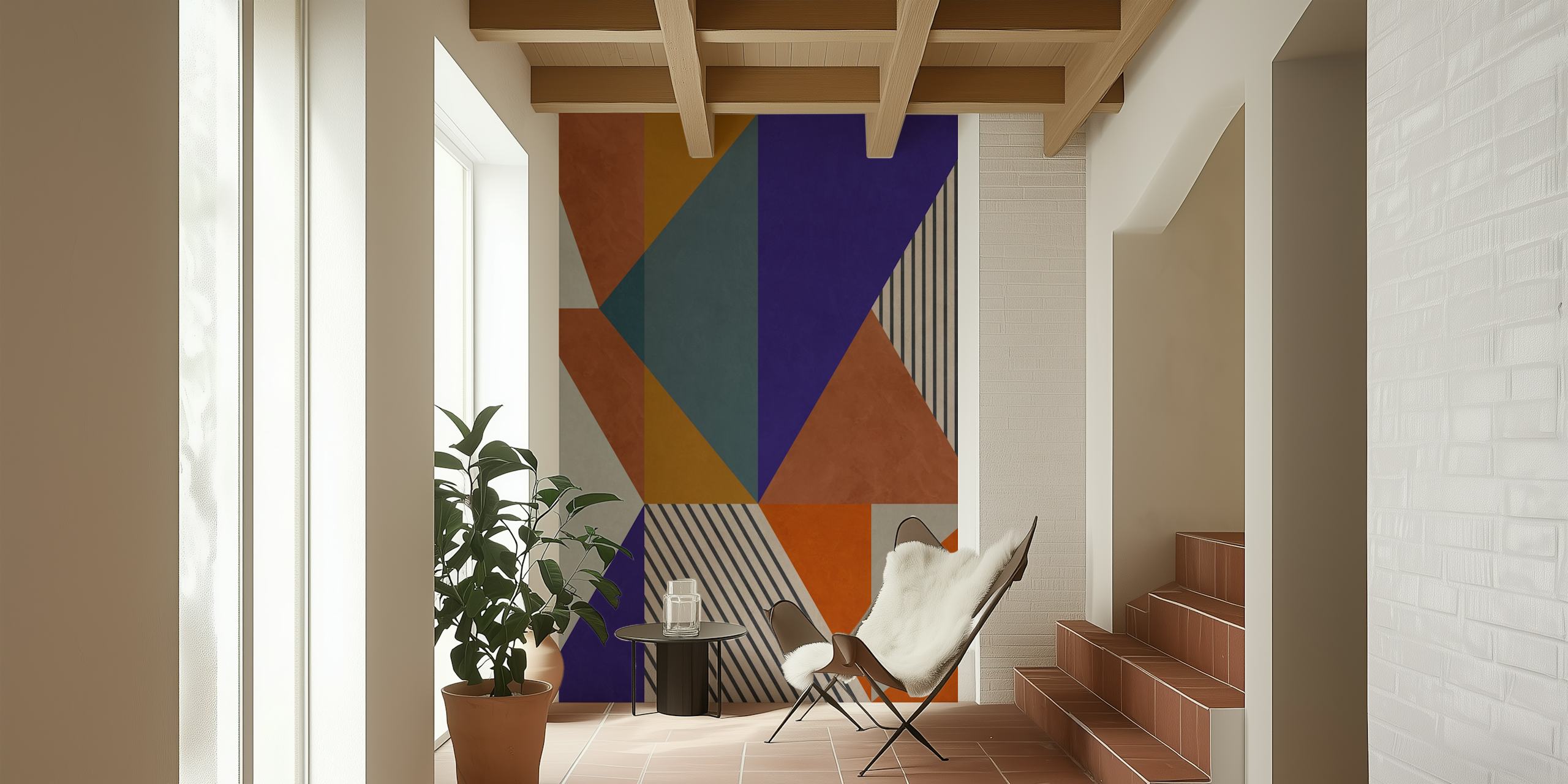 Abstract geometric wall mural in shades of orange, blue, and neutral colors