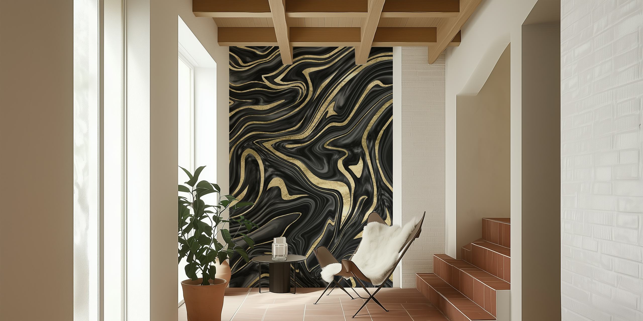 Black gold abstract marble swirls wallpaper