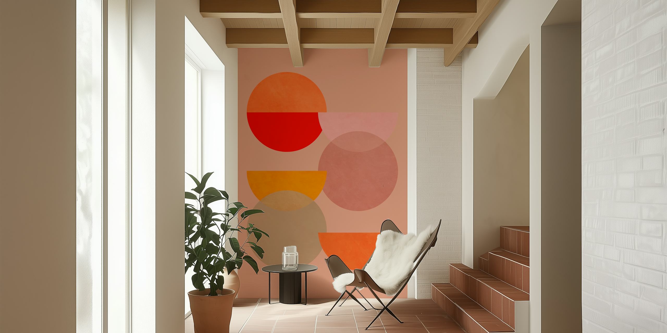 Abstrakt geometrisk veggmaleri med overlappende sirkler i nyanser av terrakotta, fersken og mørk rosa på en myk bakgrunn.