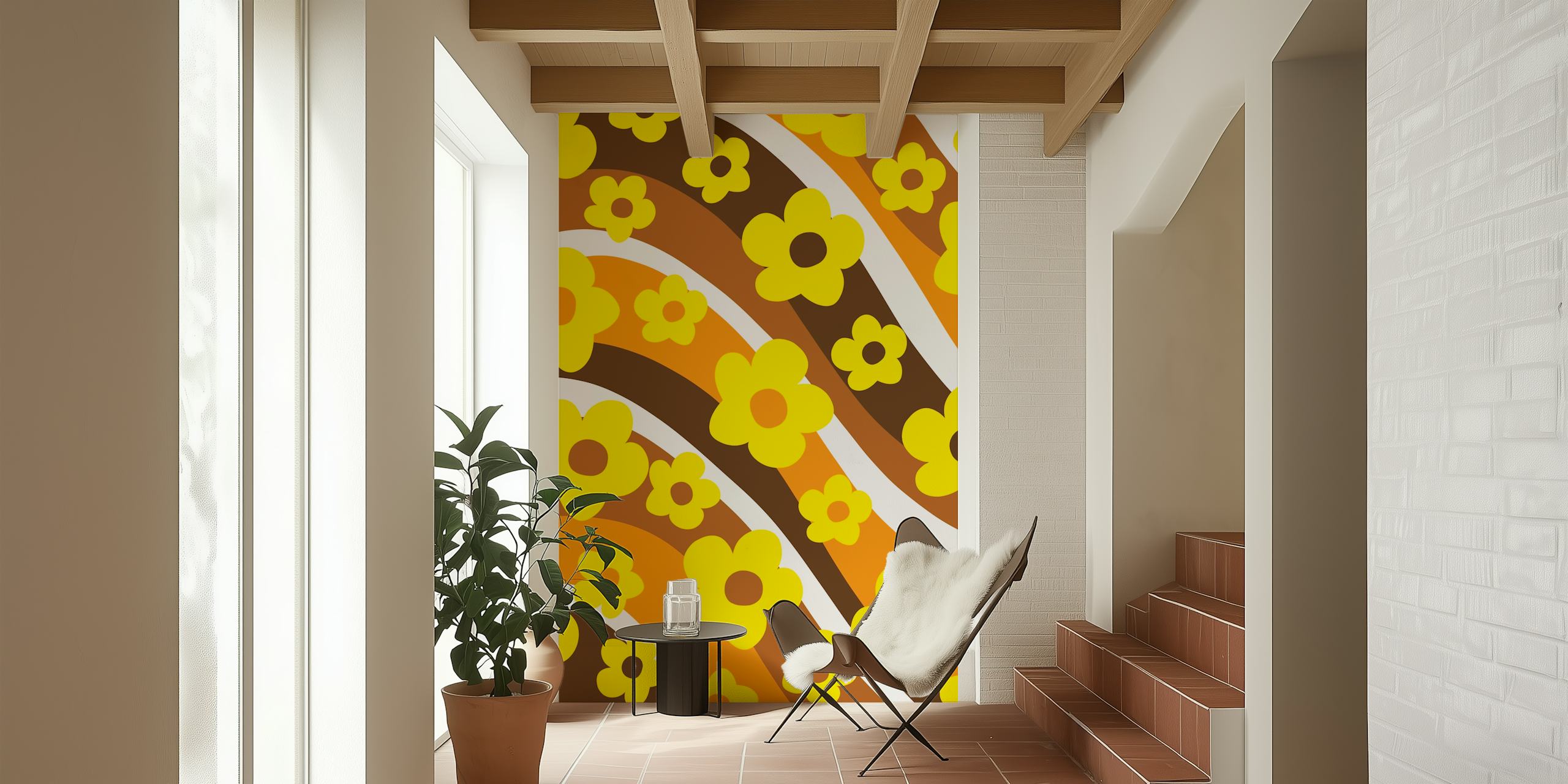 Yellow floral patterns with brown waves wallpaper