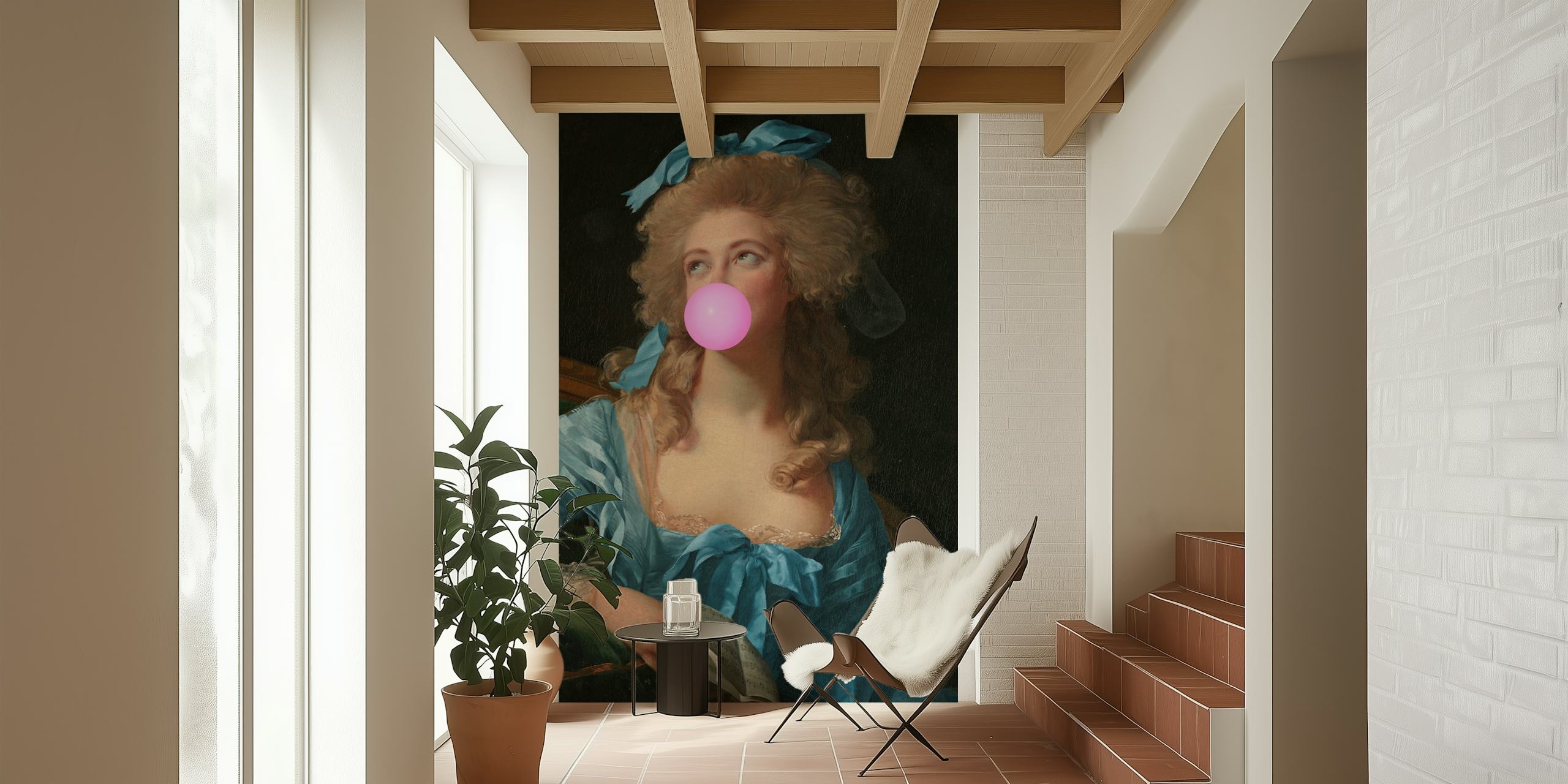 Woman with blue dress and pink bubblegum, vintage style wallpaper
