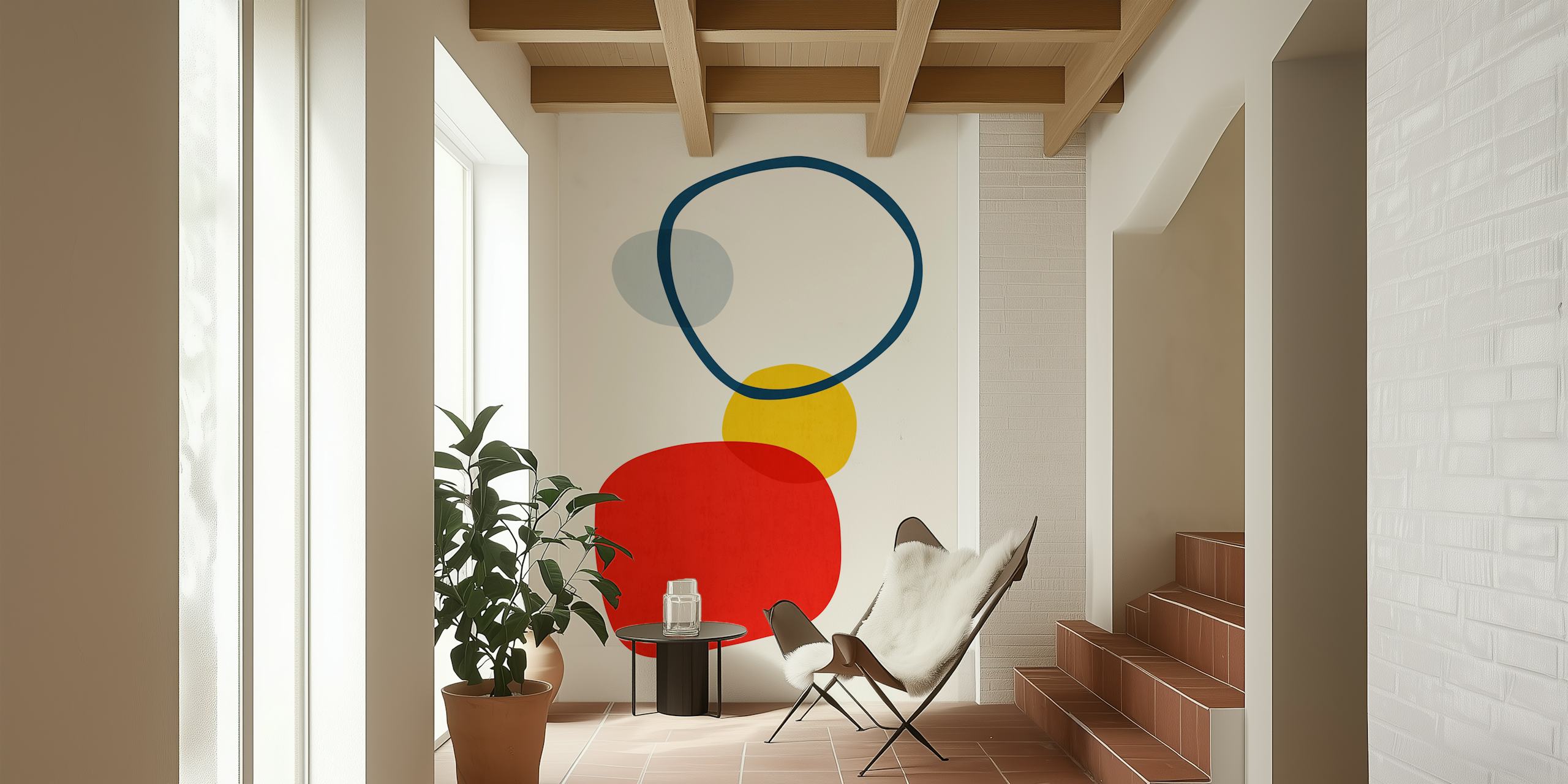Μοντέρνα abstract shapes τοιχογραφία με κόκκινο τετράγωνο, κίτρινο κύκλο και μπλε δακρύδιο σε ανοιχτό φόντο