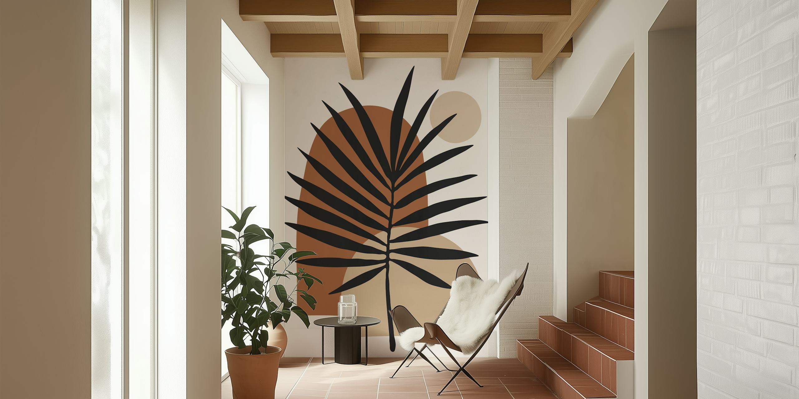 Black palm leaf against abstract earth-tone shapes wallpaper