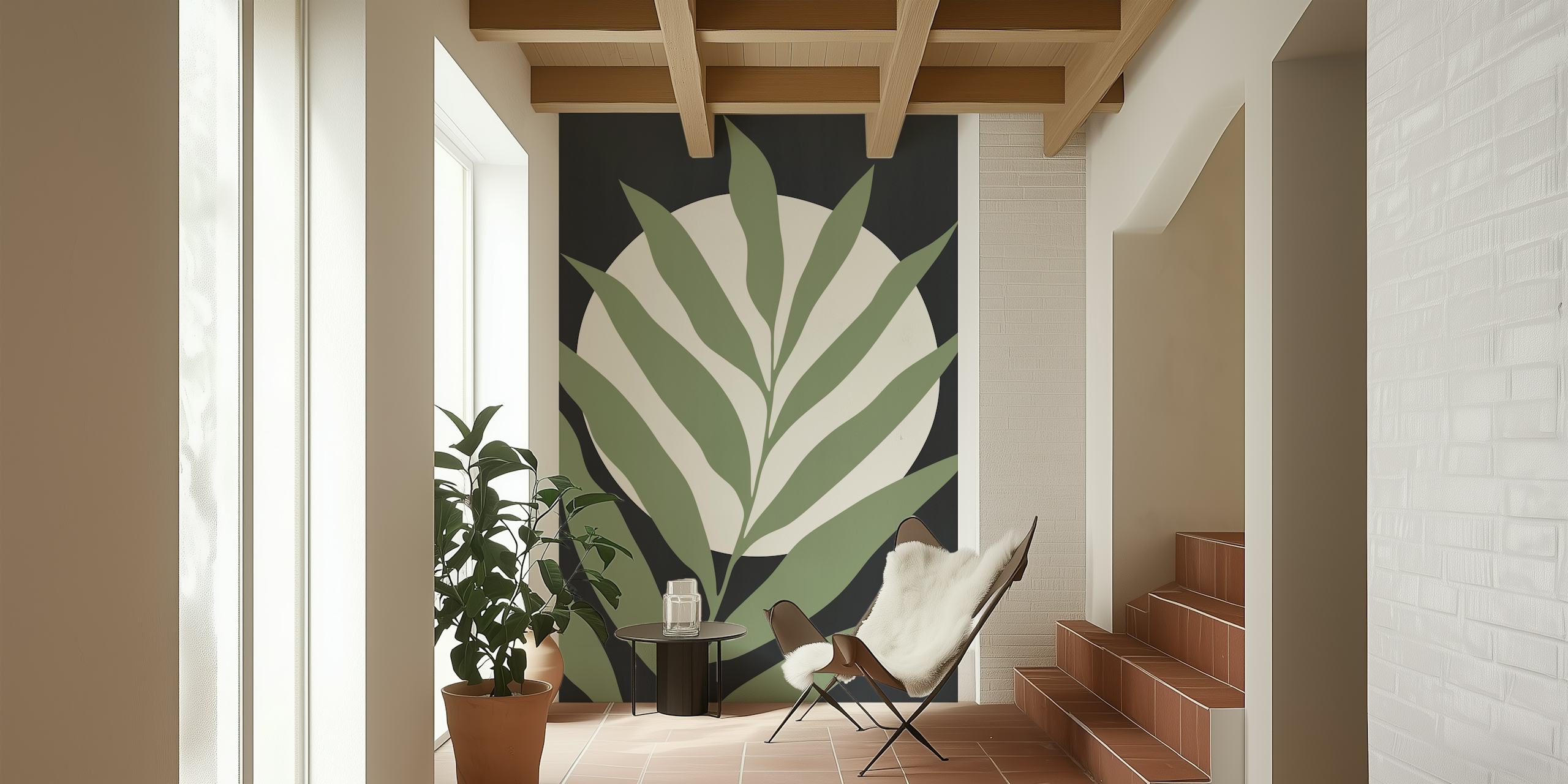 Green leaves on a dark background with a light circle wallpaper