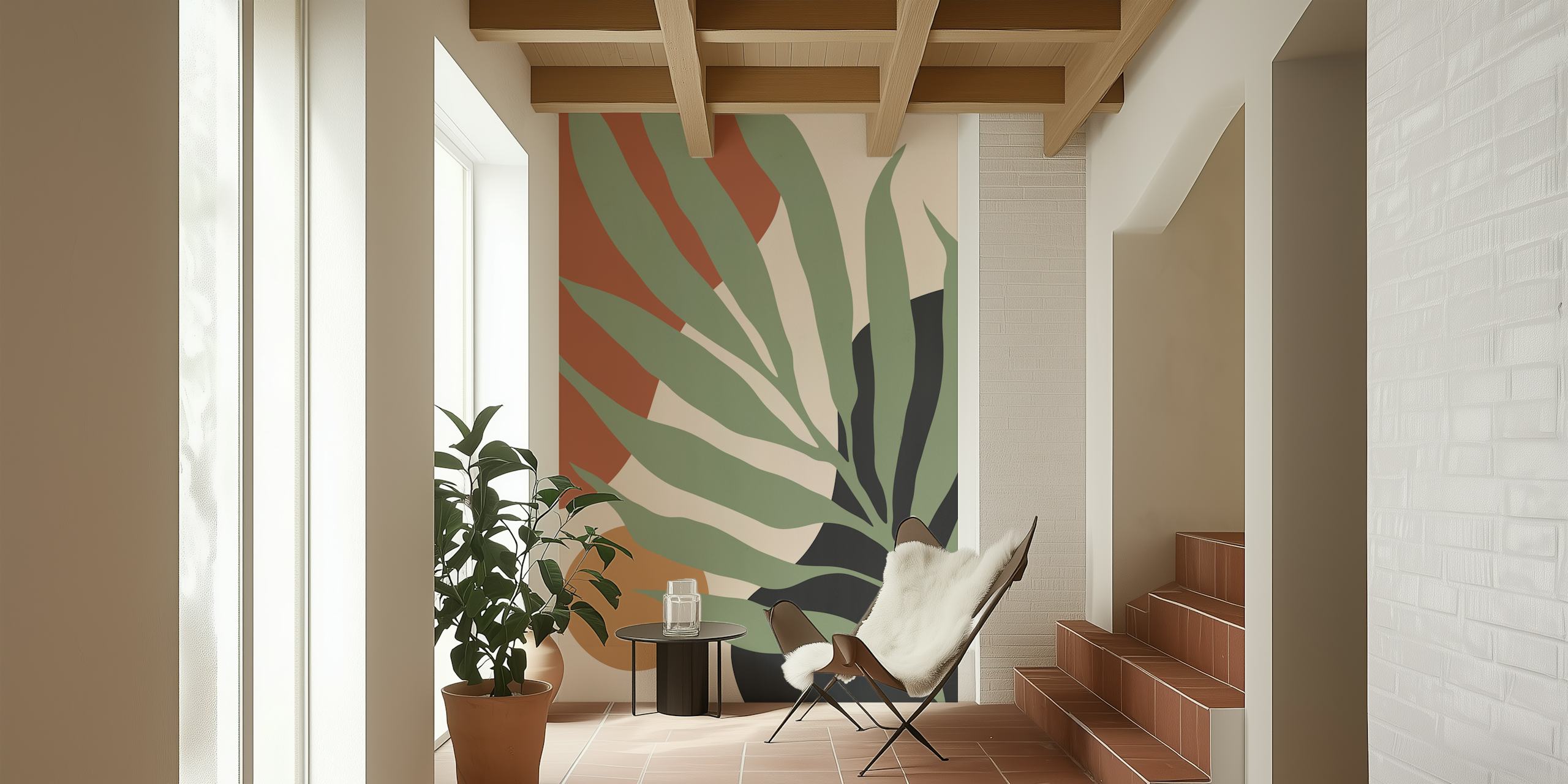 Botanical leaves in earthy colors on a cream background wallpaper
