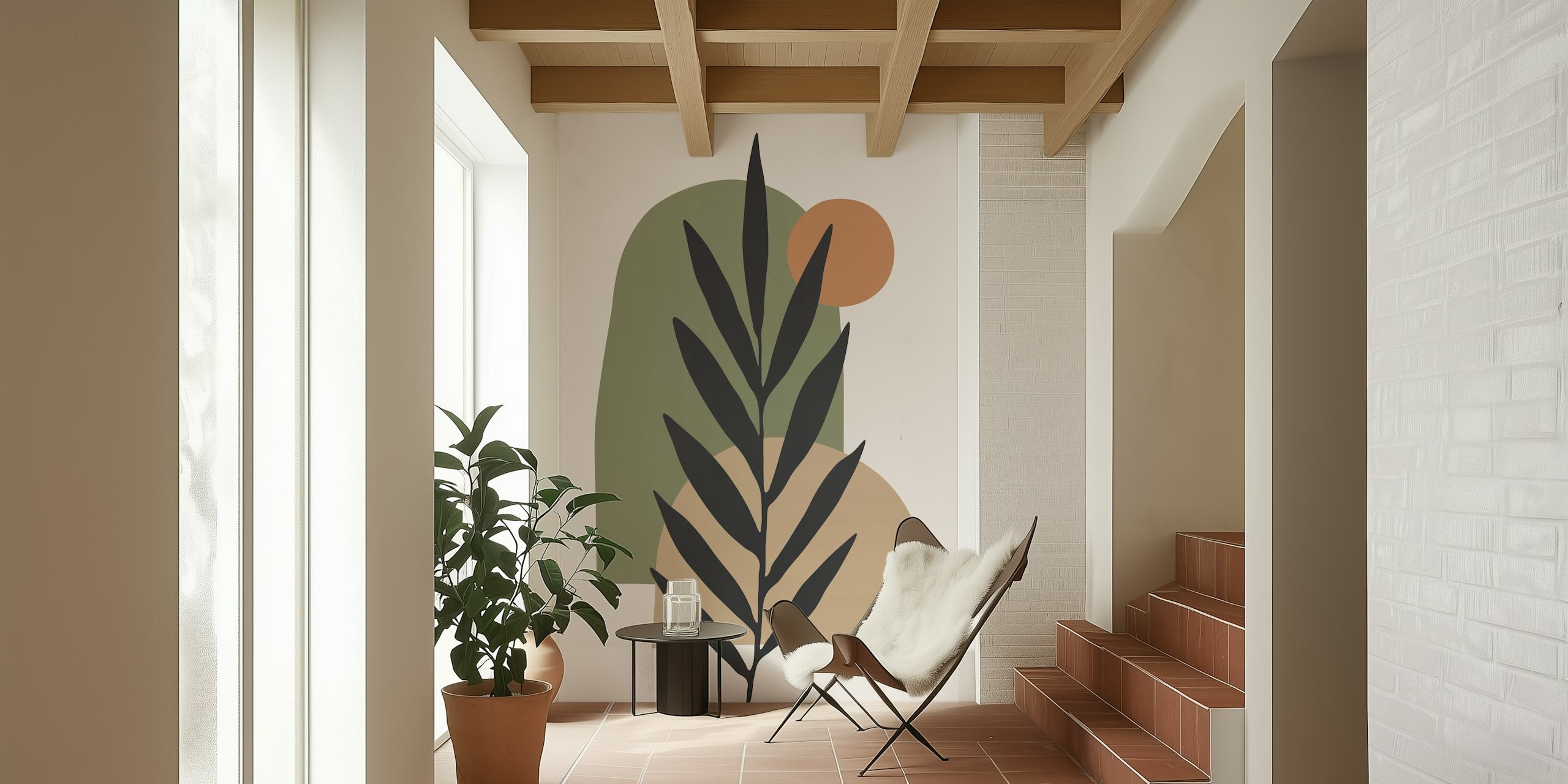 Leafy branch with abstract layered shapes in greens and beige wallpaper