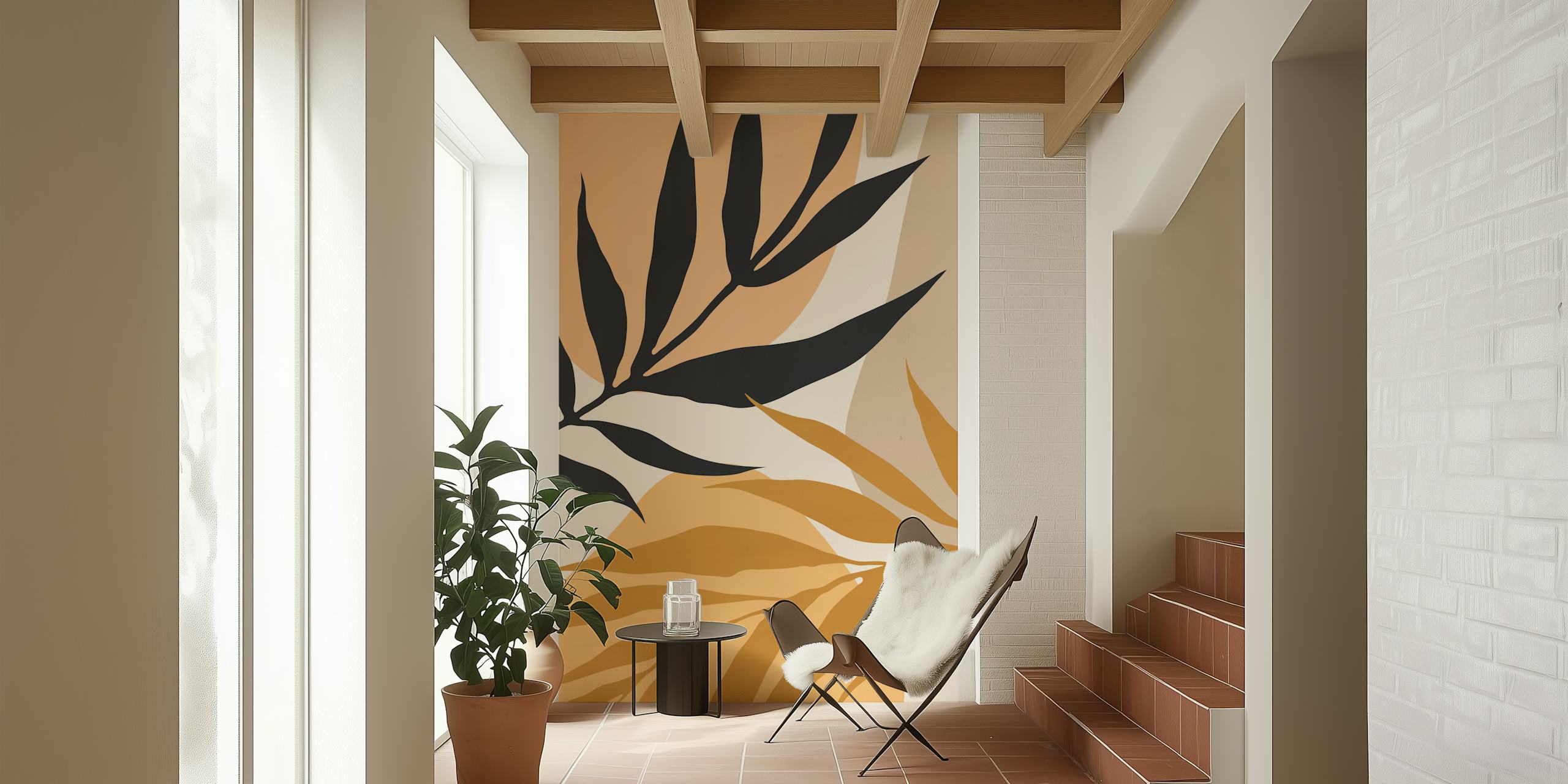 Black and gold leaves design on a warm beige background wallpaper